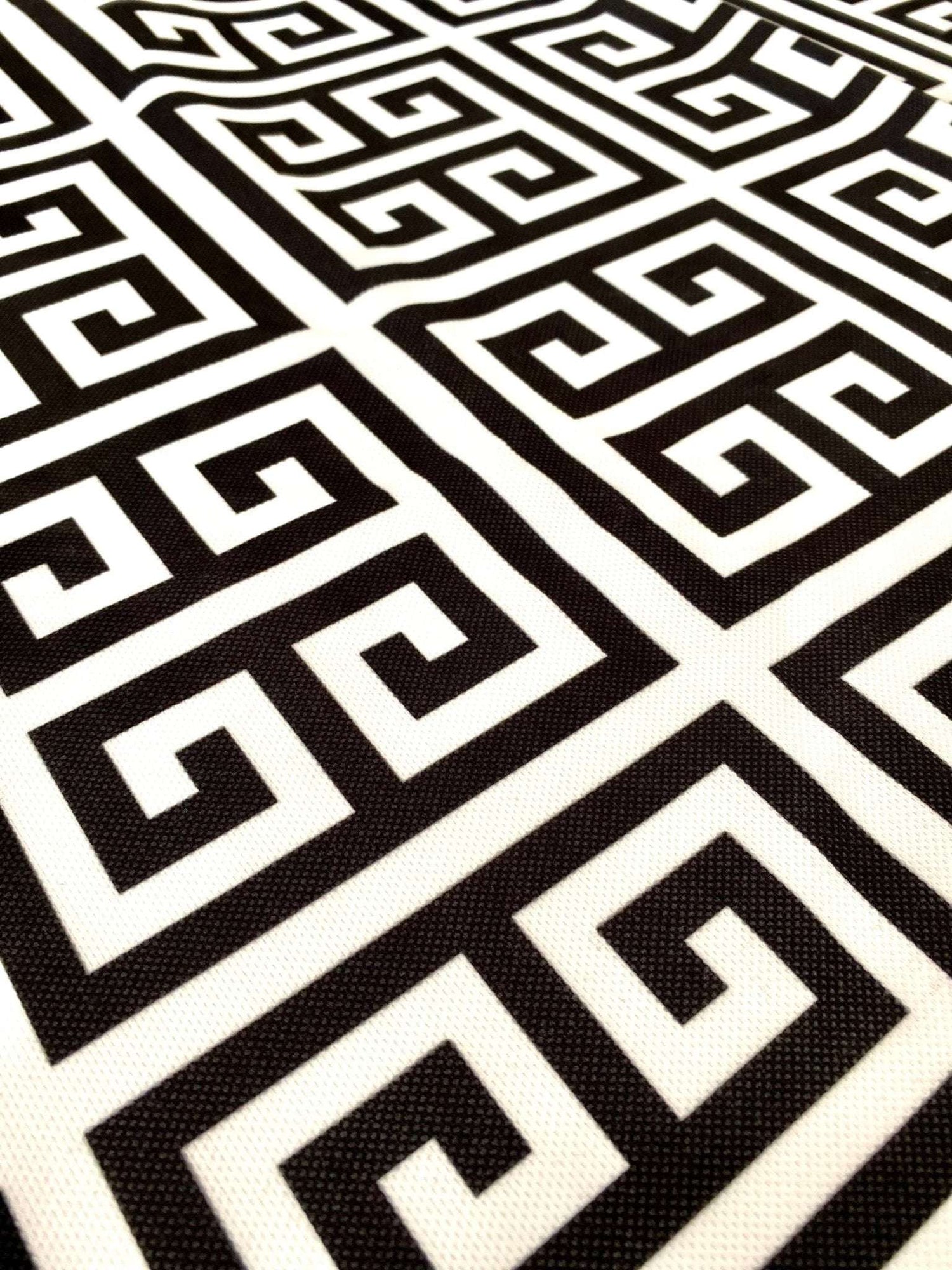 Black and white Greek key print upholstery fabric with 150cm width, featuring a classic geometric pattern.