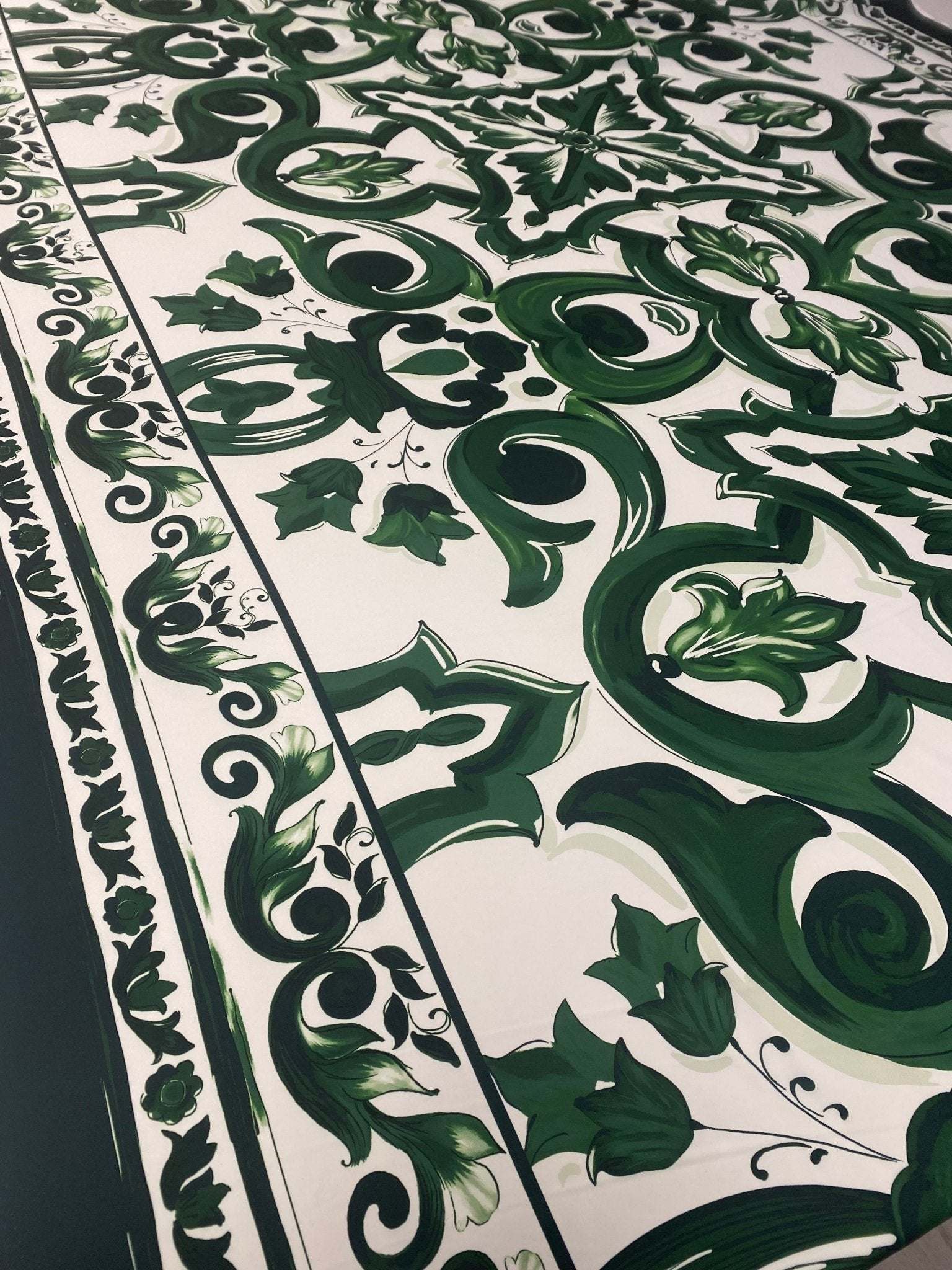 Green Baroque Floral Fabric with intricate green floral and scroll patterns on white background, ideal for upholstery and home decor