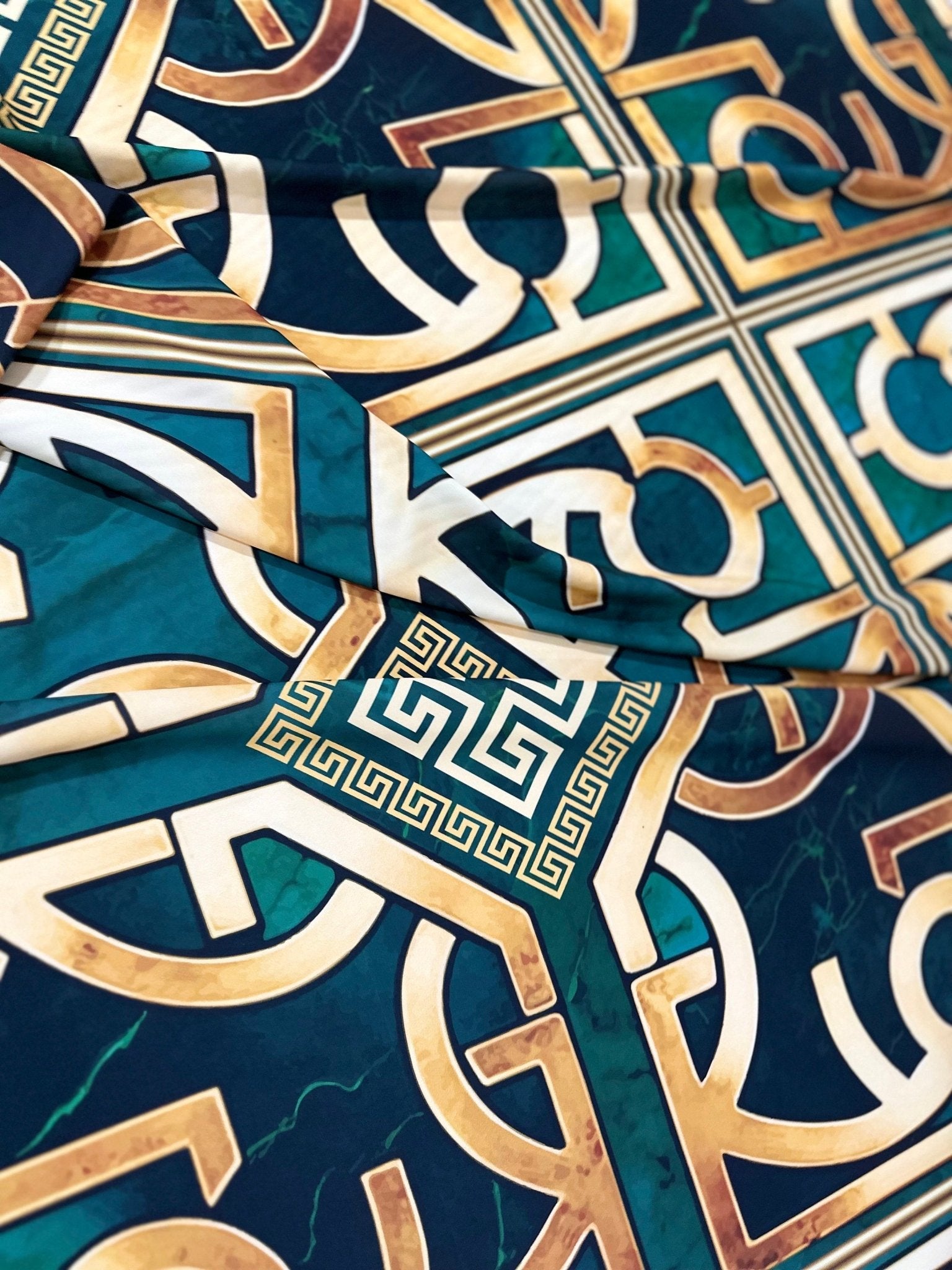 Green gold Crepe Silky Fabric, Greek Key Pattern Fabric , Fabric By The Yard - Whotex Online Fabric Store