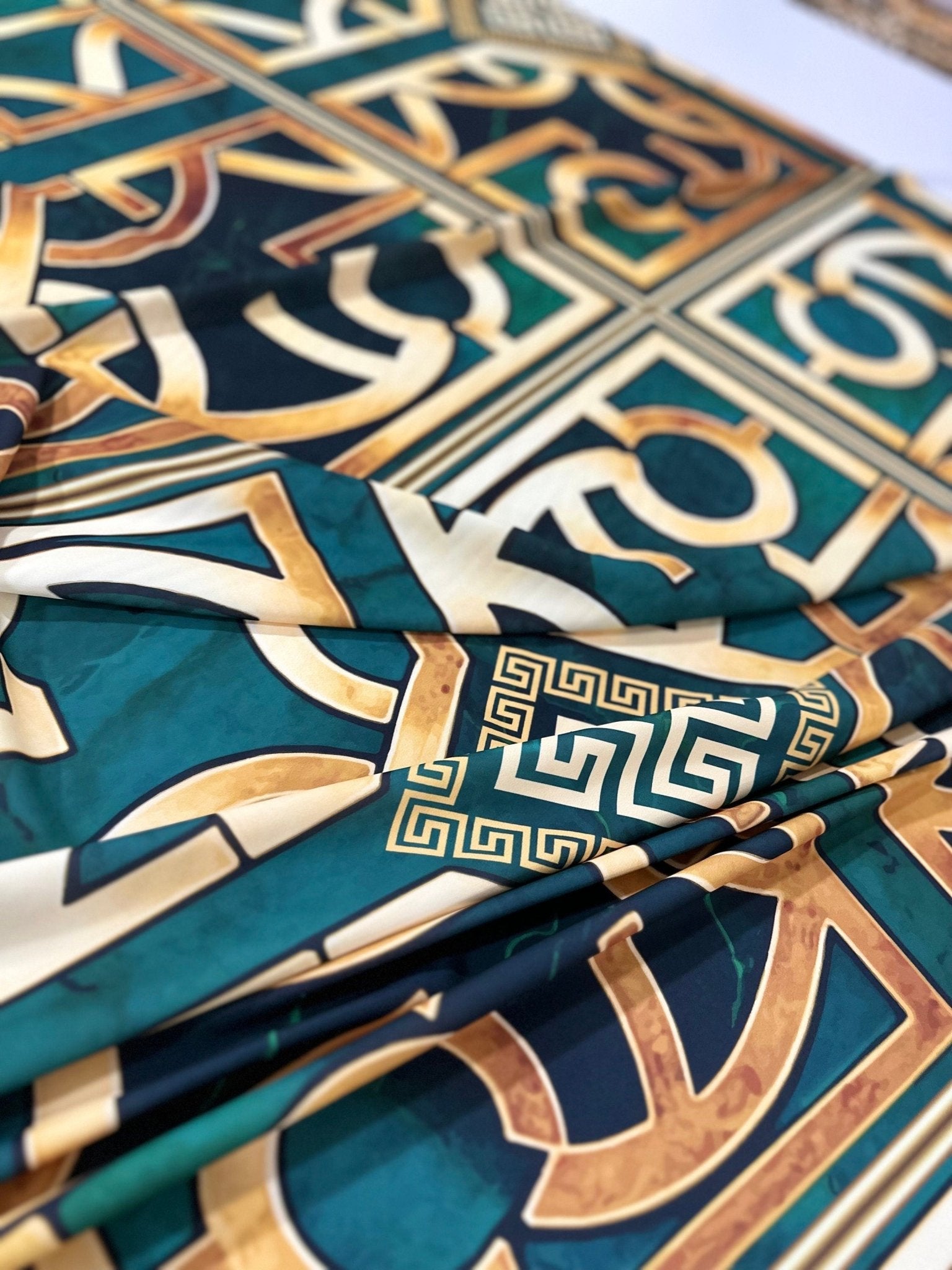 Green gold Crepe Silky Fabric, Greek Key Pattern Fabric , Fabric By The Yard - Whotex Online Fabric Store