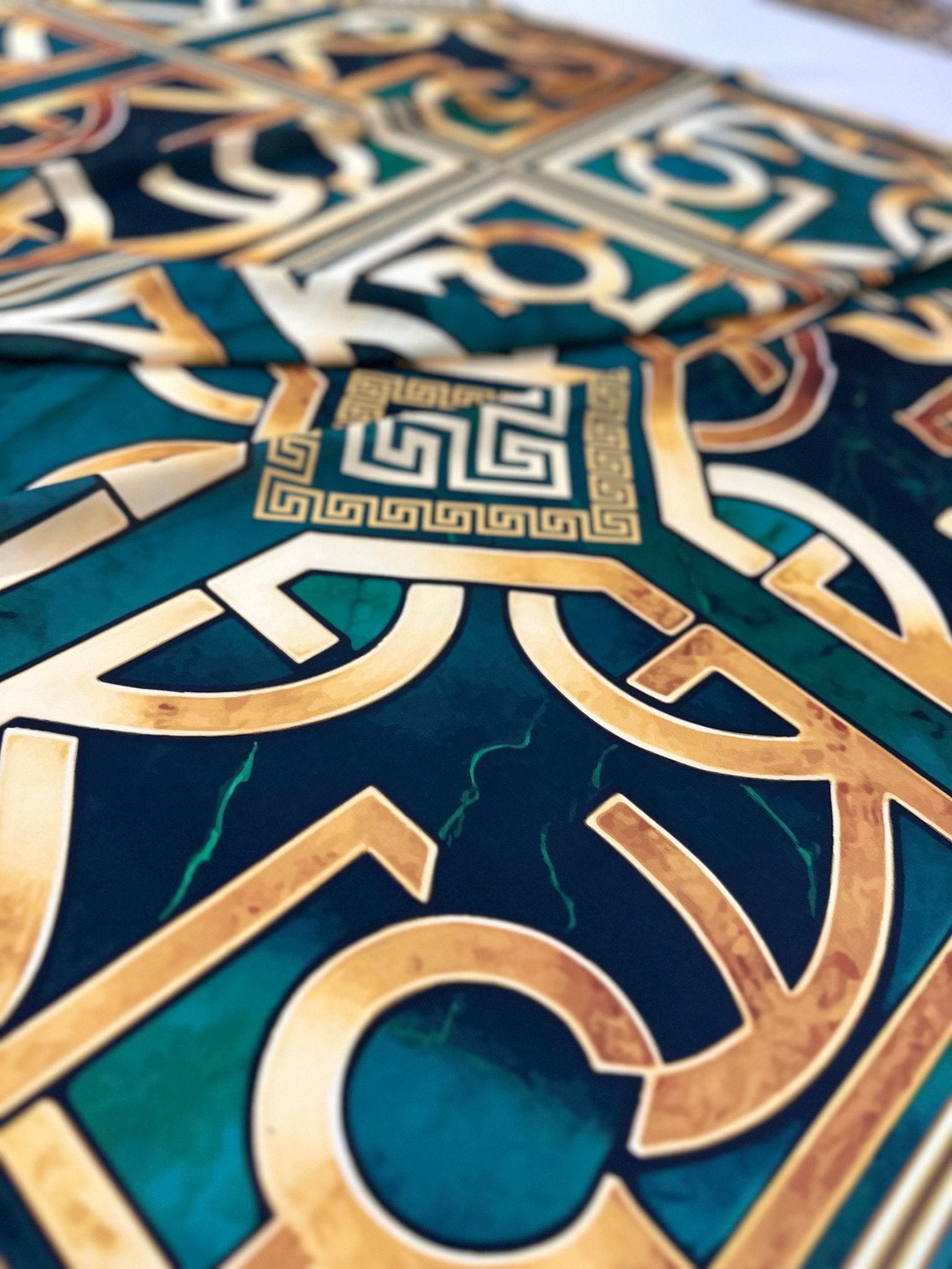 Green gold Crepe Silky Fabric, Greek Key Pattern Fabric , Fabric By The Yard - Whotex Online Fabric Store