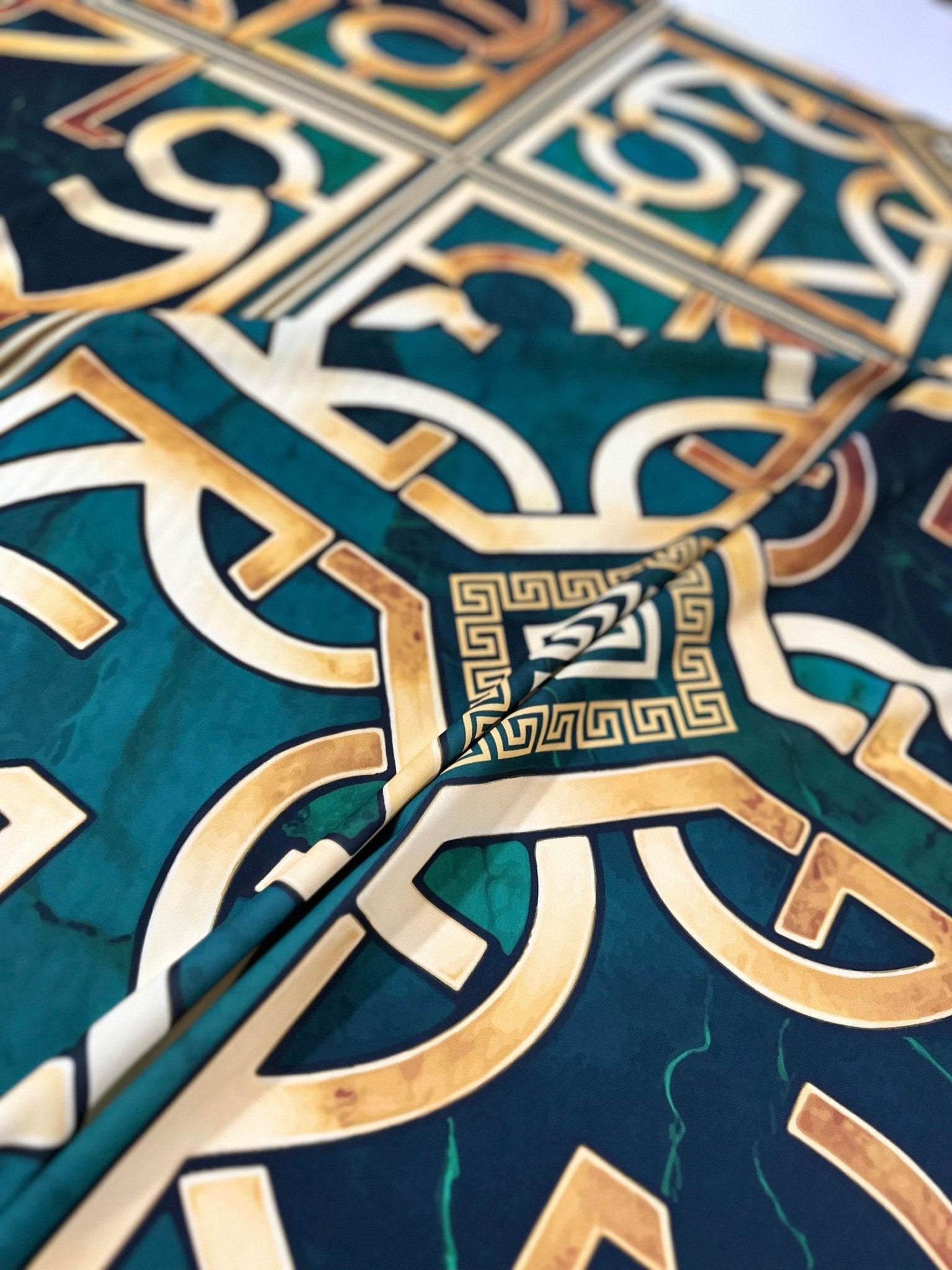 Green gold Crepe Silky Fabric, Greek Key Pattern Fabric , Fabric By The Yard - Whotex Online Fabric Store