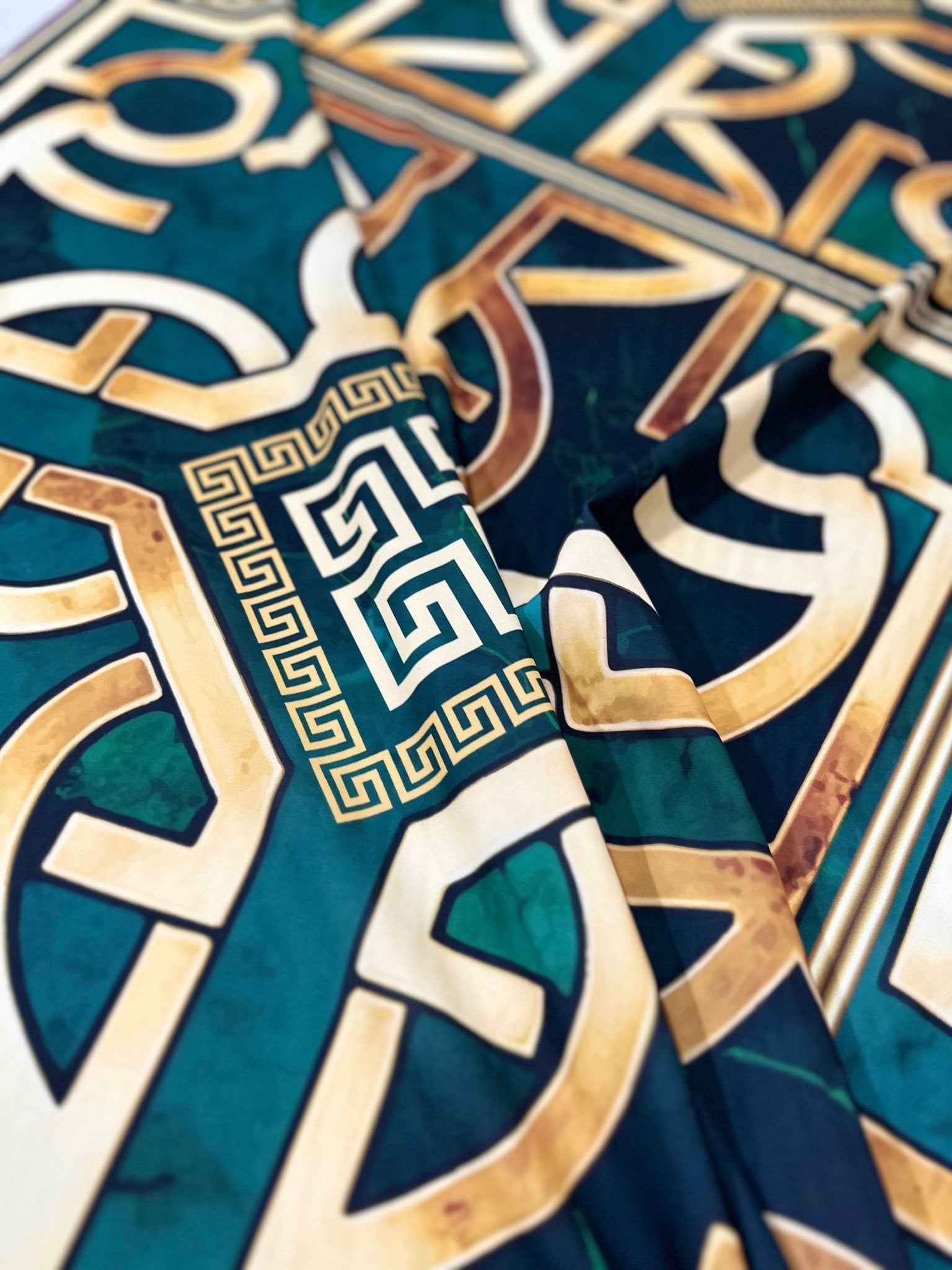 Green gold Crepe Silky Fabric, Greek Key Pattern Fabric , Fabric By The Yard - Whotex Online Fabric Store