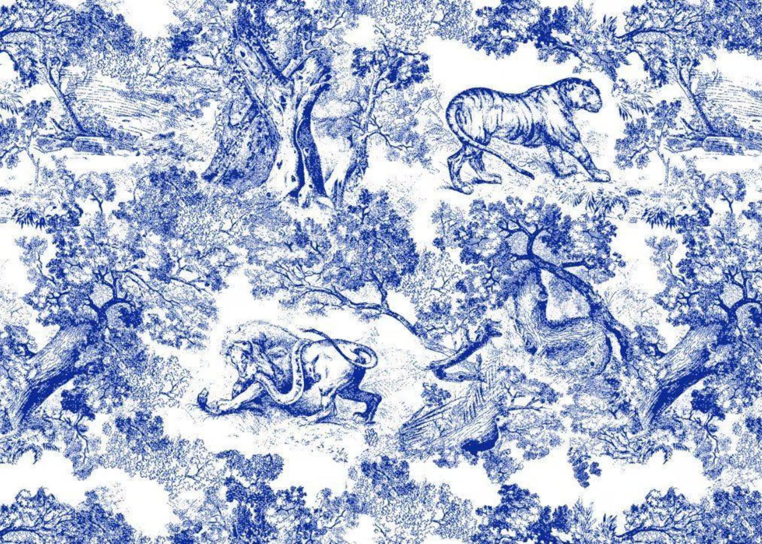 Blue Toile de Jouy Animals Organic Cotton Poplin Fabric by the Metre
