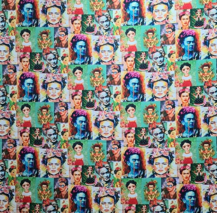 Colorful digital print upholstery fabric featuring repeated artistic portraits inspired by Frida Kahlo designs