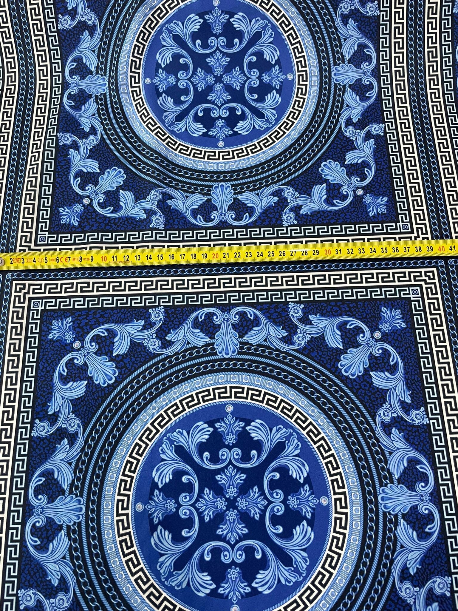 Navy Blue Baroque Greek Key Fabric - Elegant Patterned Textile