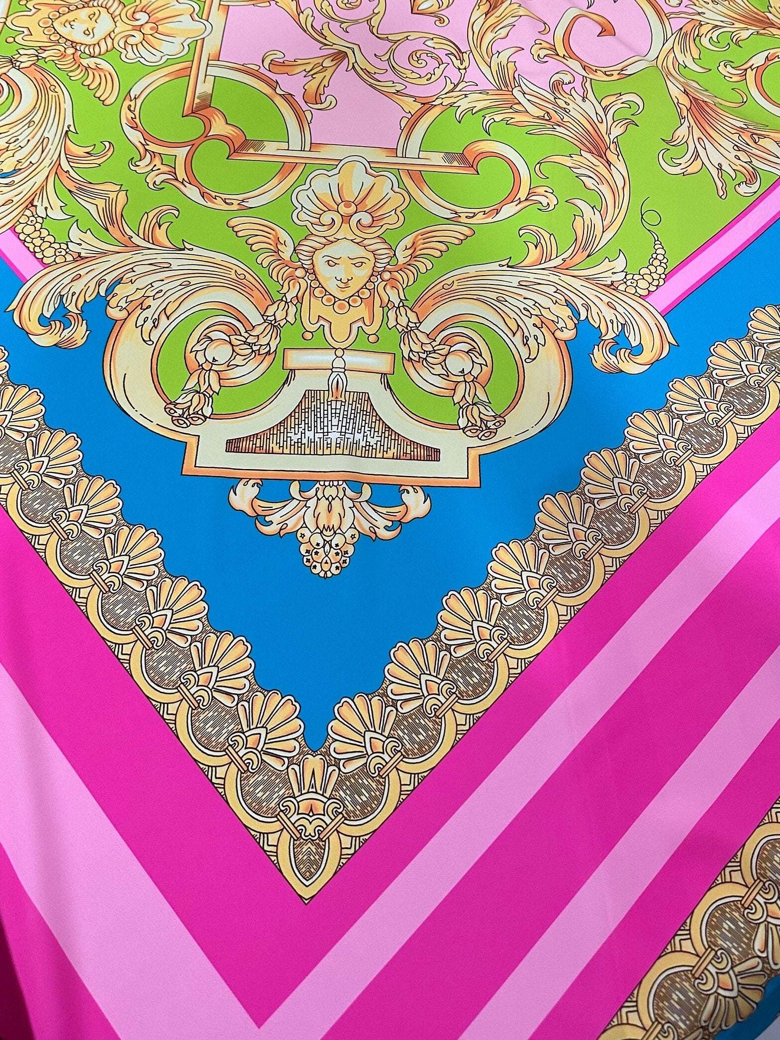 Baroque pink silky crepe fabric panel with intricate gold and green baroque design and pink border