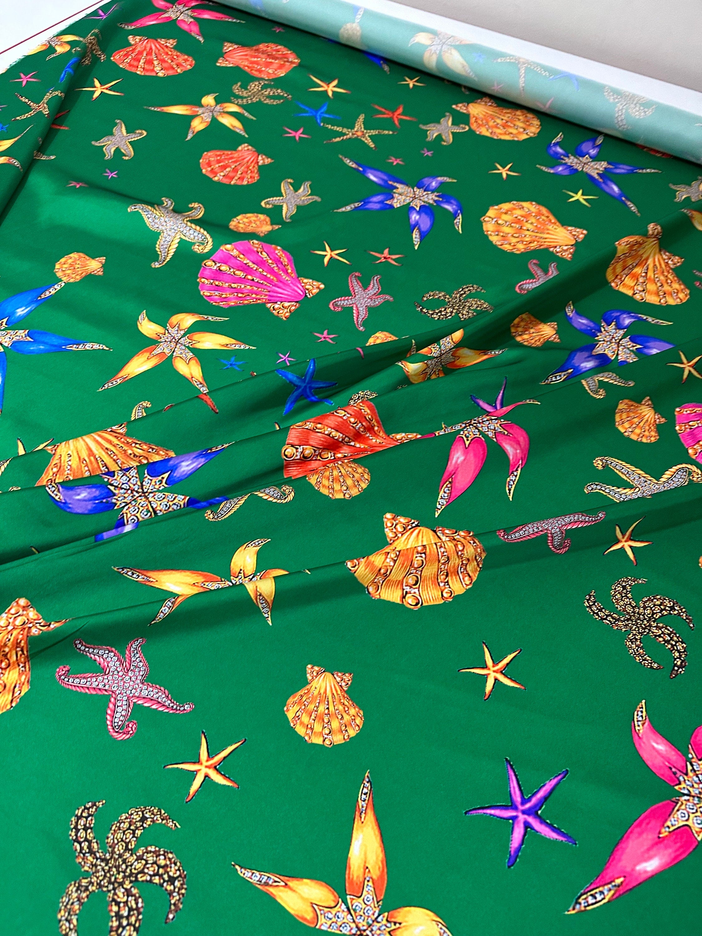 Sea Shell Pattern Green Fabric - Coastal Decor Textile