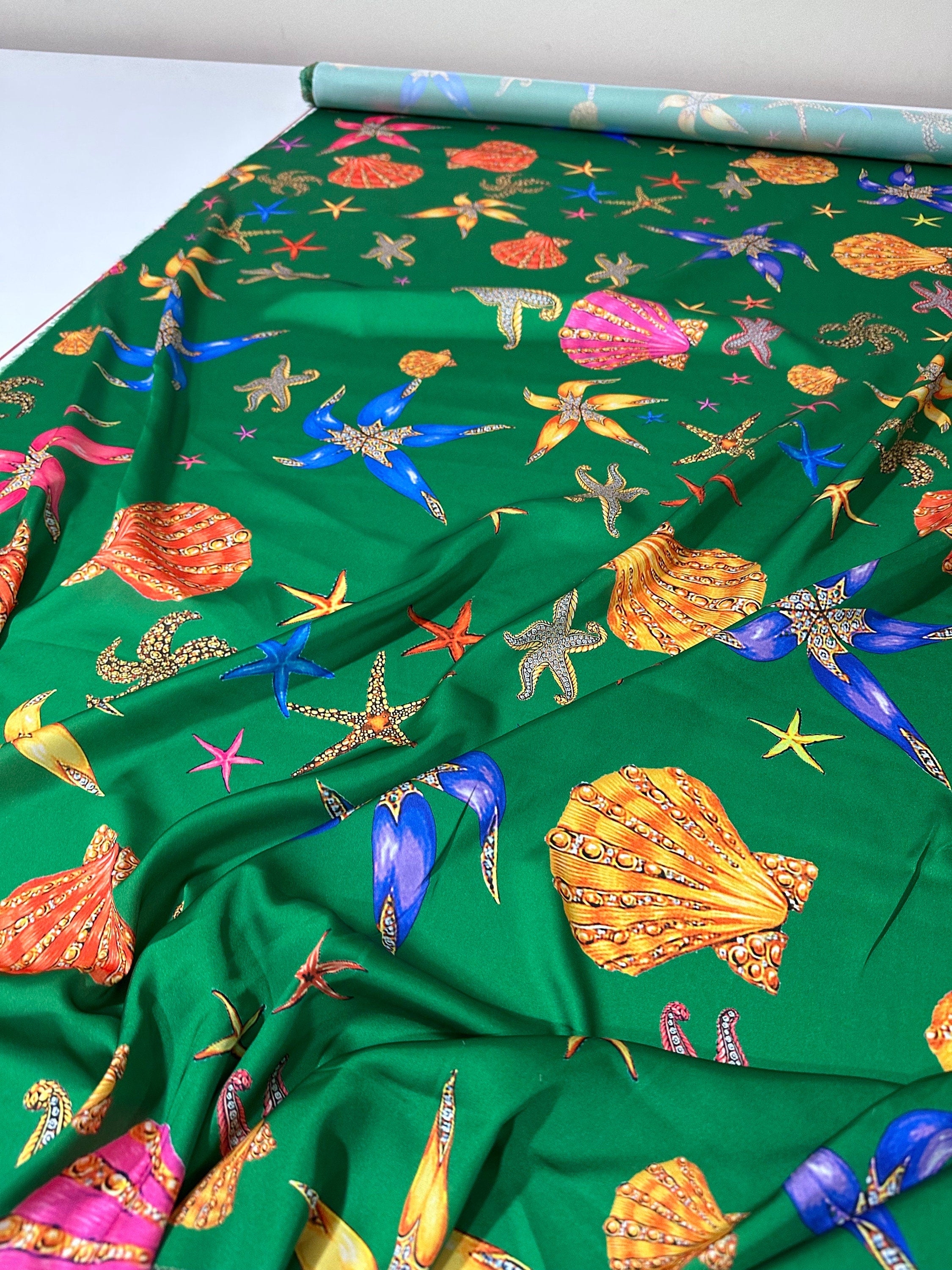 Sea Shell Pattern Green Fabric - Coastal Decor Textile