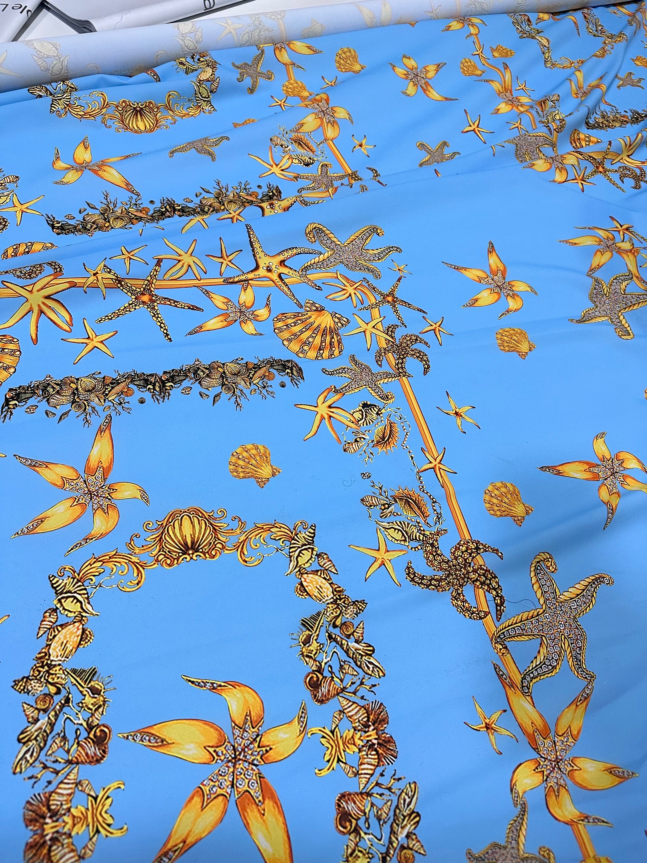 Sea Shell Pattern Fabric - Baby Blue Oyster Print Fabric