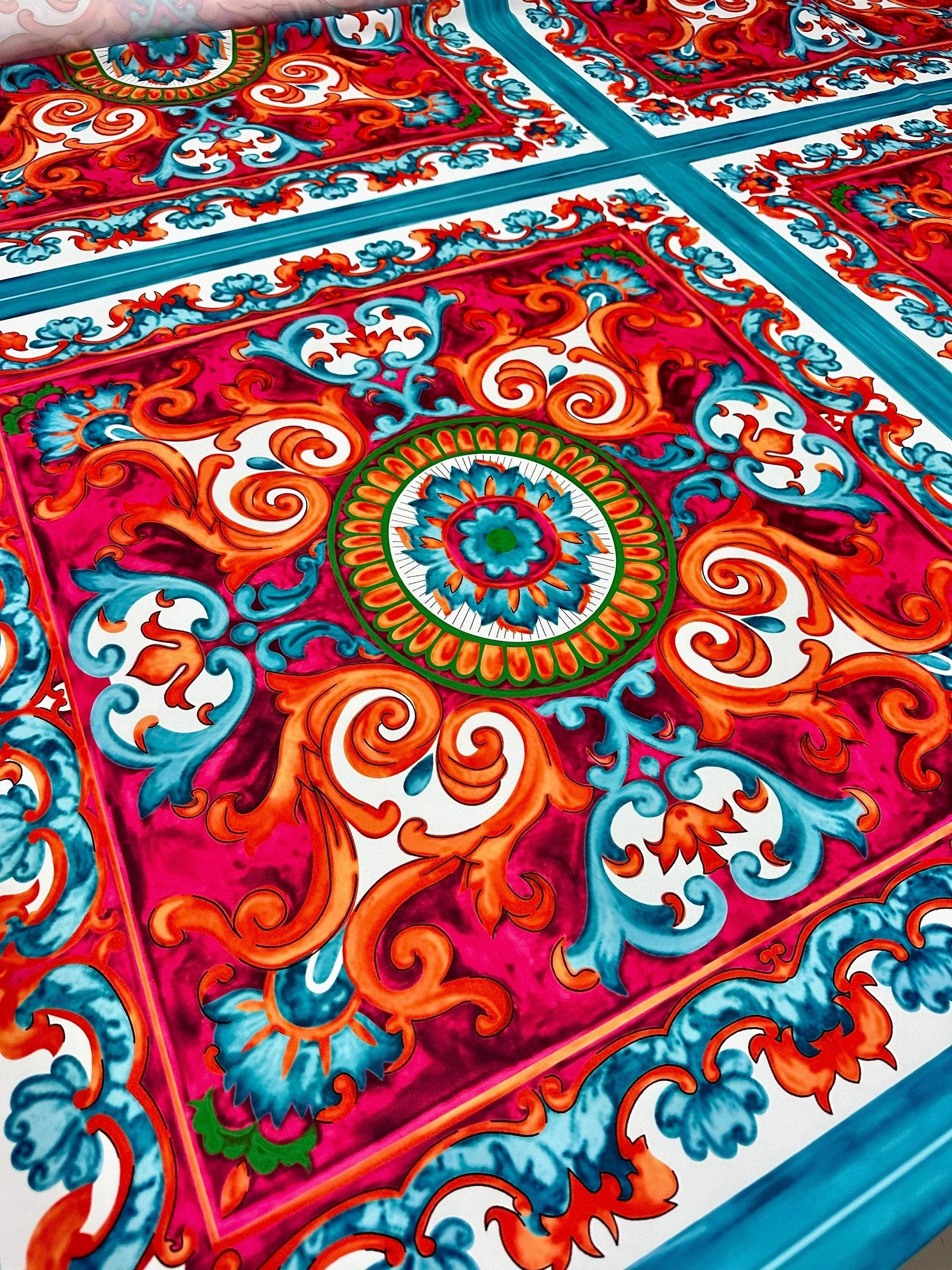 Close-up of vibrant Sicilian Caretto pattern fabric with intricate colorful Italian design for upholstery and crafts