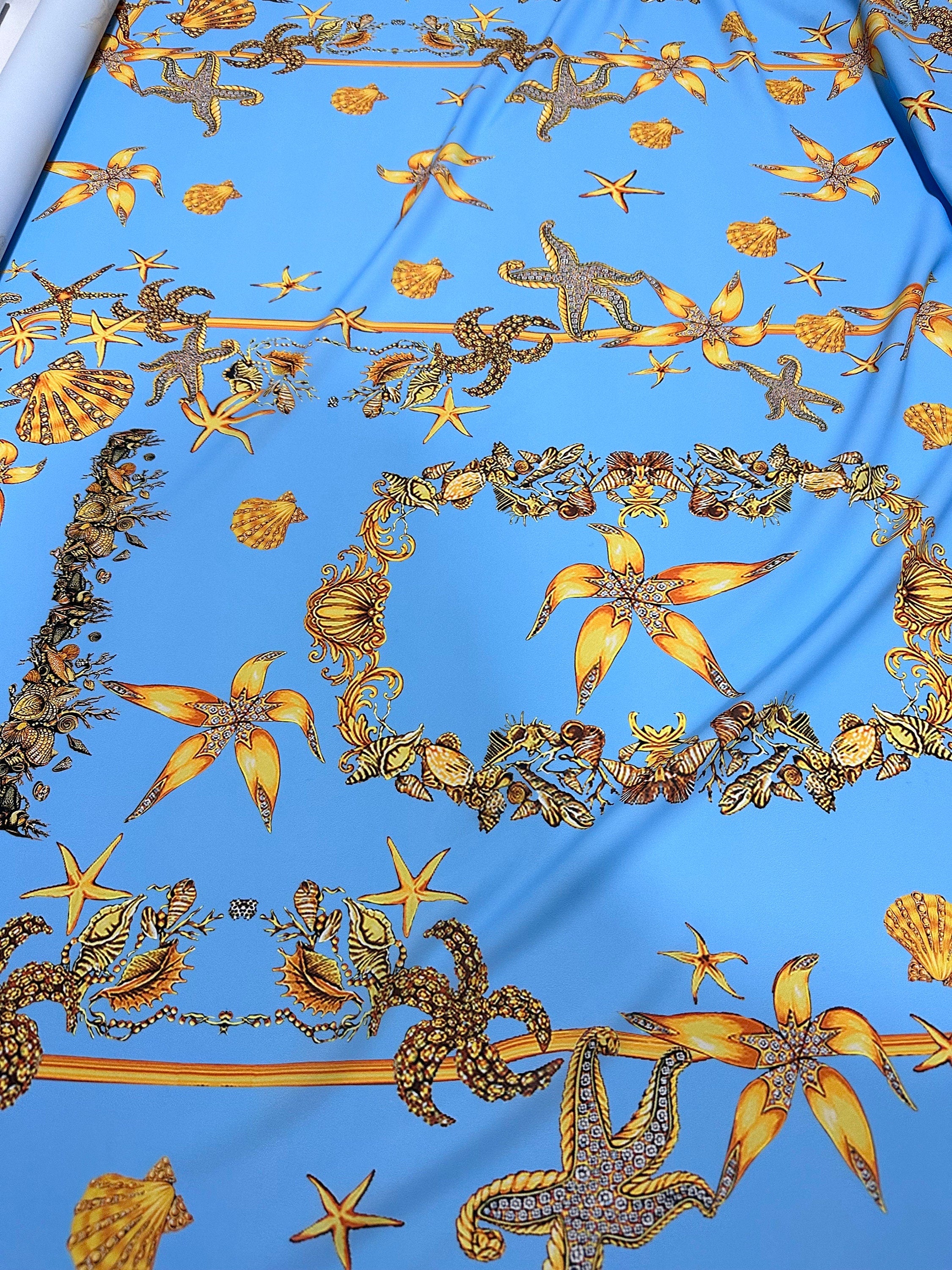 Sea Shell Pattern Fabric - Baby Blue Oyster Print Fabric