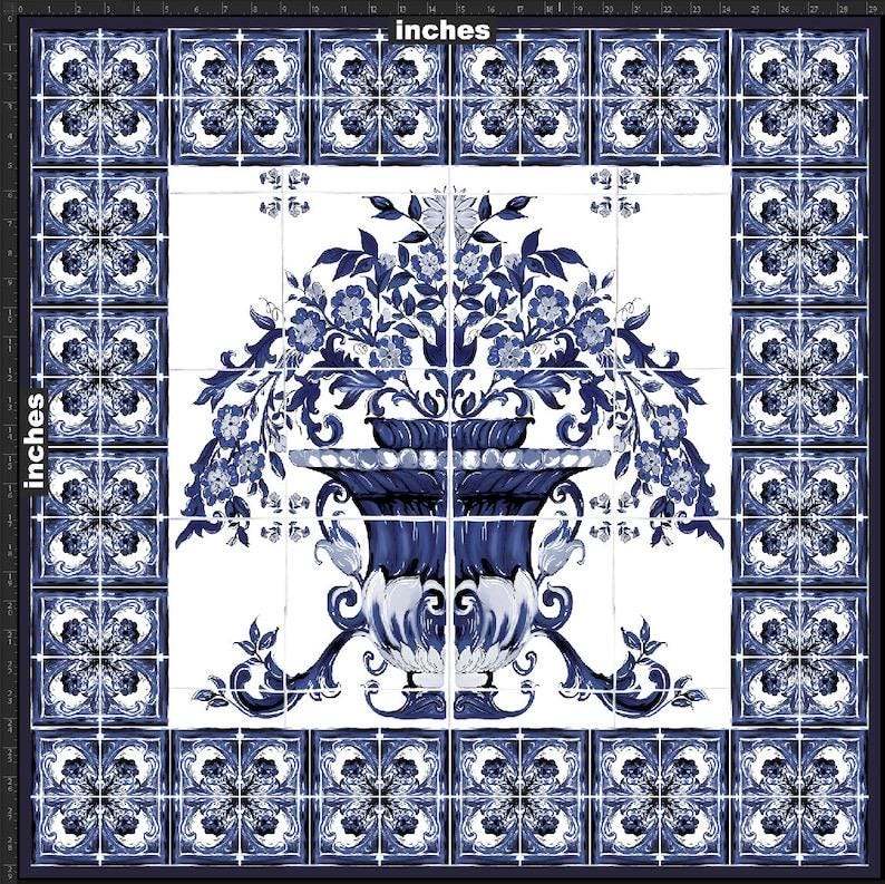 Majolica floral upholstery fabric with blue and white intricate floral vase pattern and decorative border design