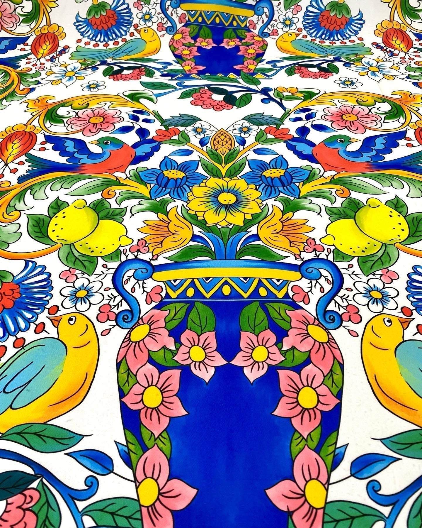 Italian floral lemon pattern fabric with vibrant birds, flowers, and lemons in Sicilian style