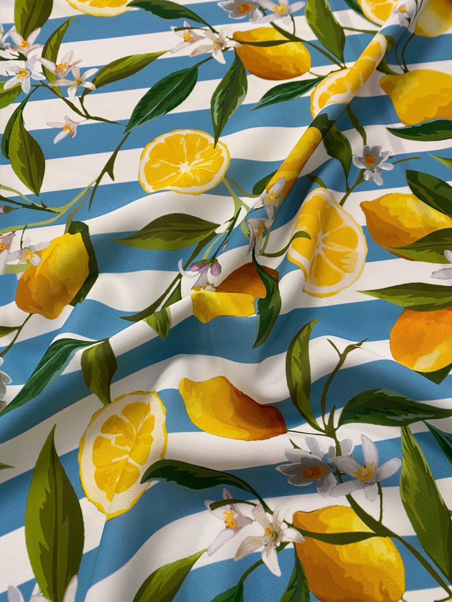Lemon and Floral Print Fabric on Blue White Stripes - Whotex Online Fabric Store