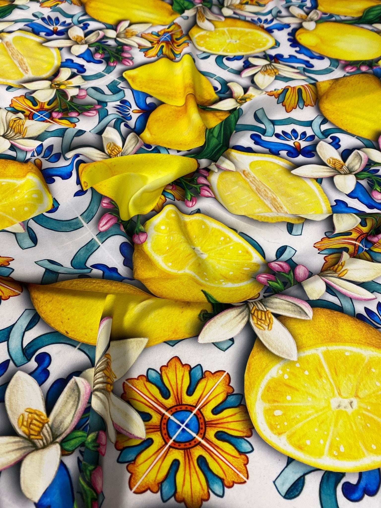 Lemon Blue Spanish Pattern Fabric - Vibrant Sewing and Craft Decor - Whotex Online Fabric Store