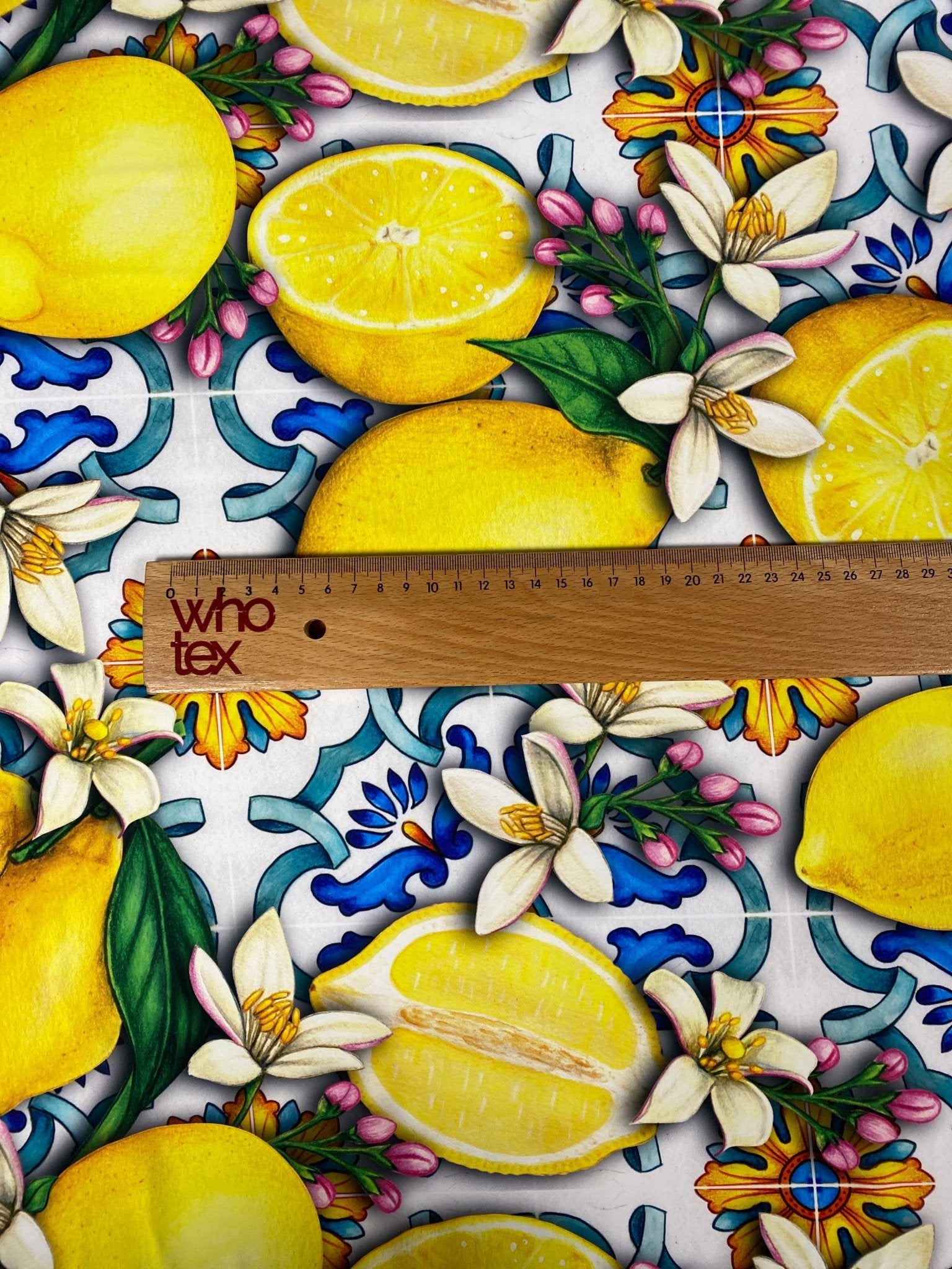 Lemon Blue Spanish Pattern Fabric - Vibrant Sewing and Craft Decor - Whotex Online Fabric Store