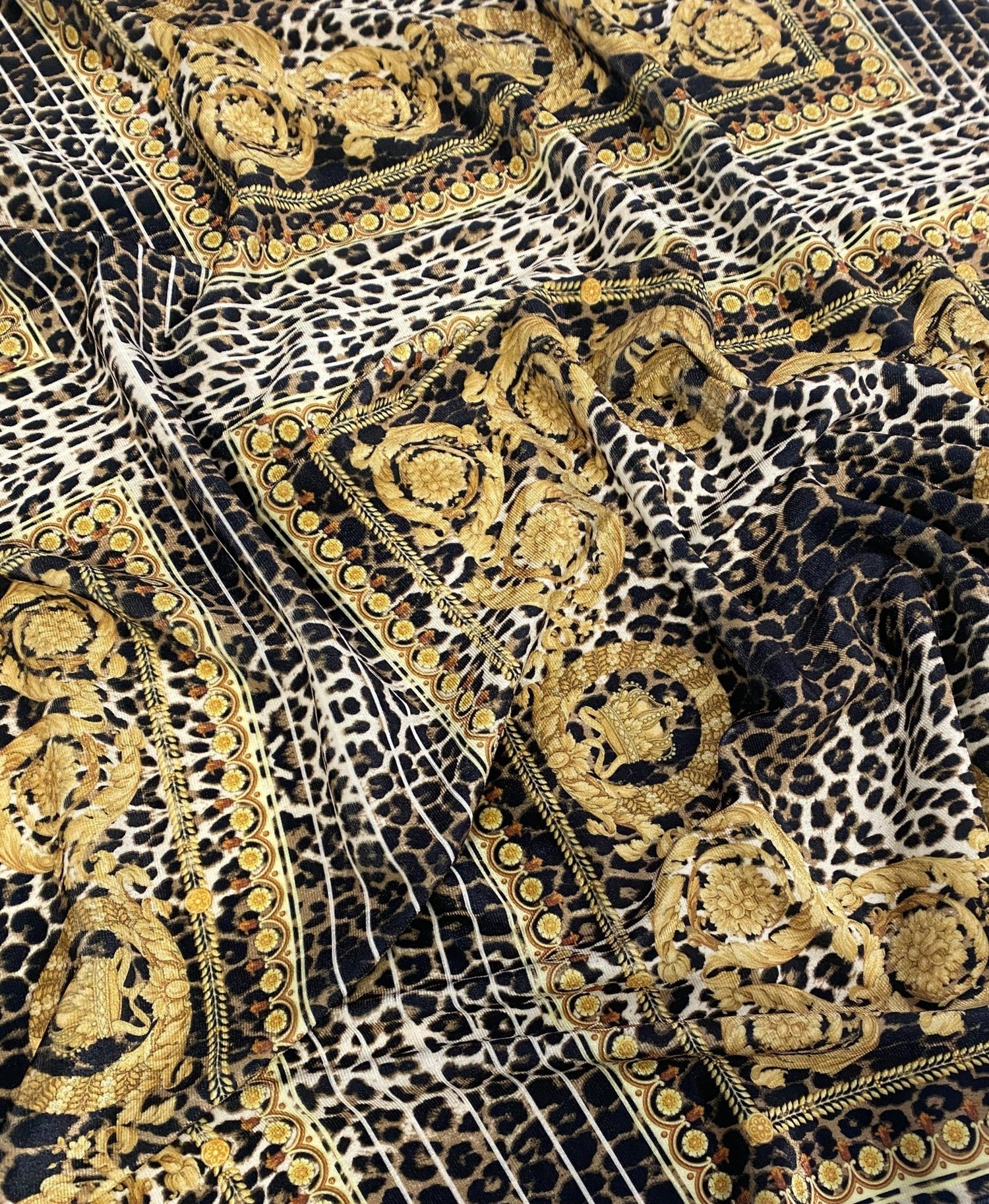 Leopard Gold Baroque Stretch Velvet Fabric - Whotex Fabrics London