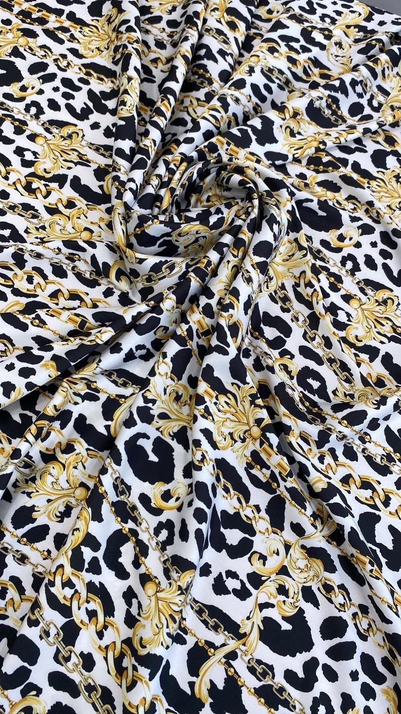 Luxury Baroque Chain and Leopard – Black White Animal Pattern with Gold Ornaments Fabric - Whotex Online Fabric Store