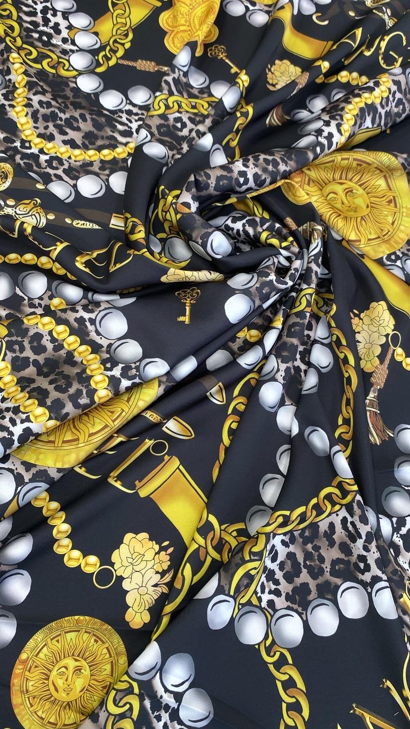 Luxury Baroque Fabric – Gold Chain, Leopard, and Pearl Print on Black Background - Whotex Online Fabric Store