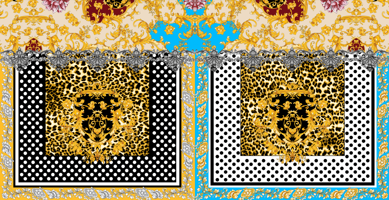 Luxury Baroque leopard print fabric with gold ornamental designs and black and white polka dot borders in vibrant colors