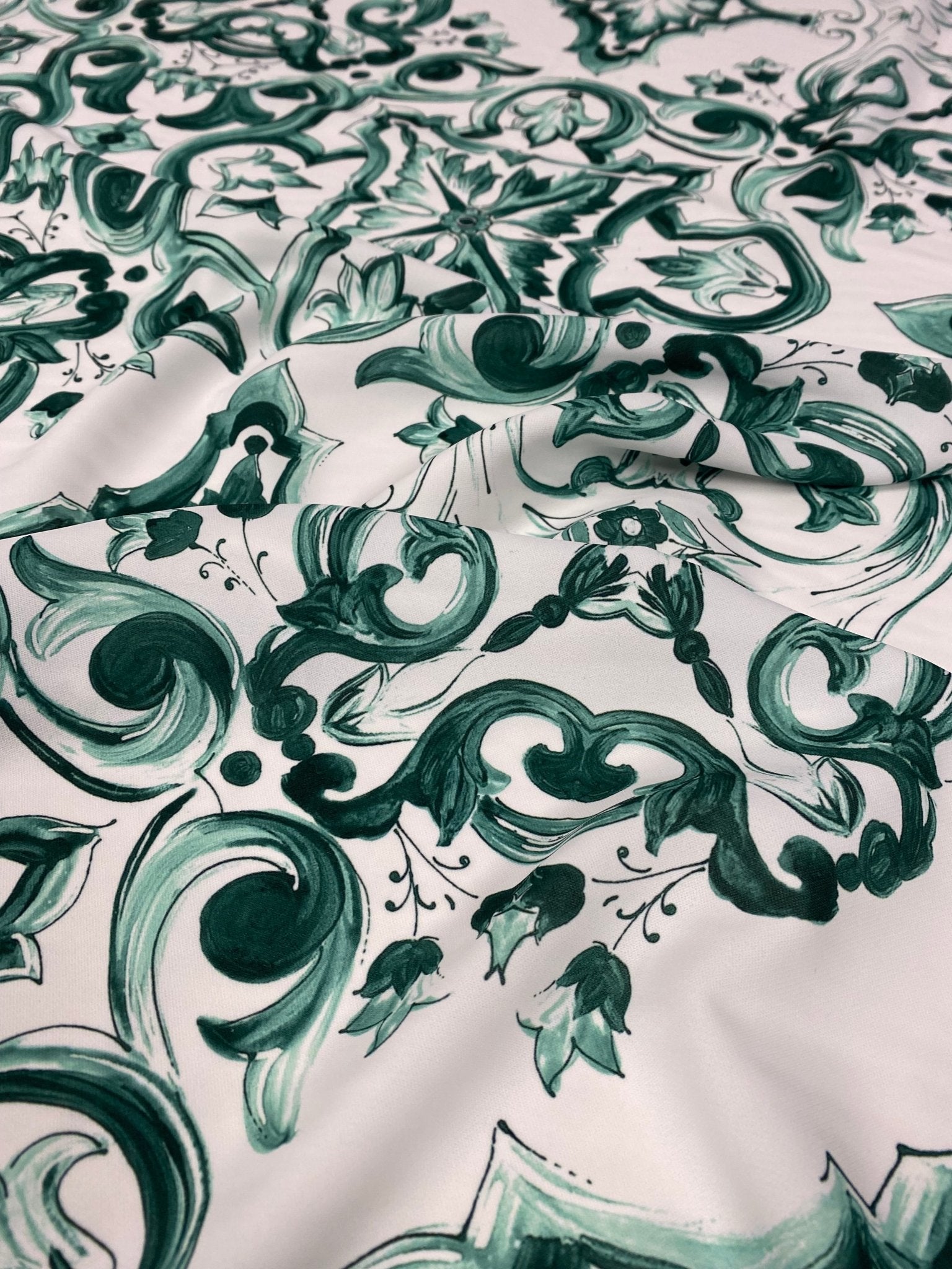 Majolica Pattern Fabric - Green and White Swirl Fabric - Whotex Online Fabric Store