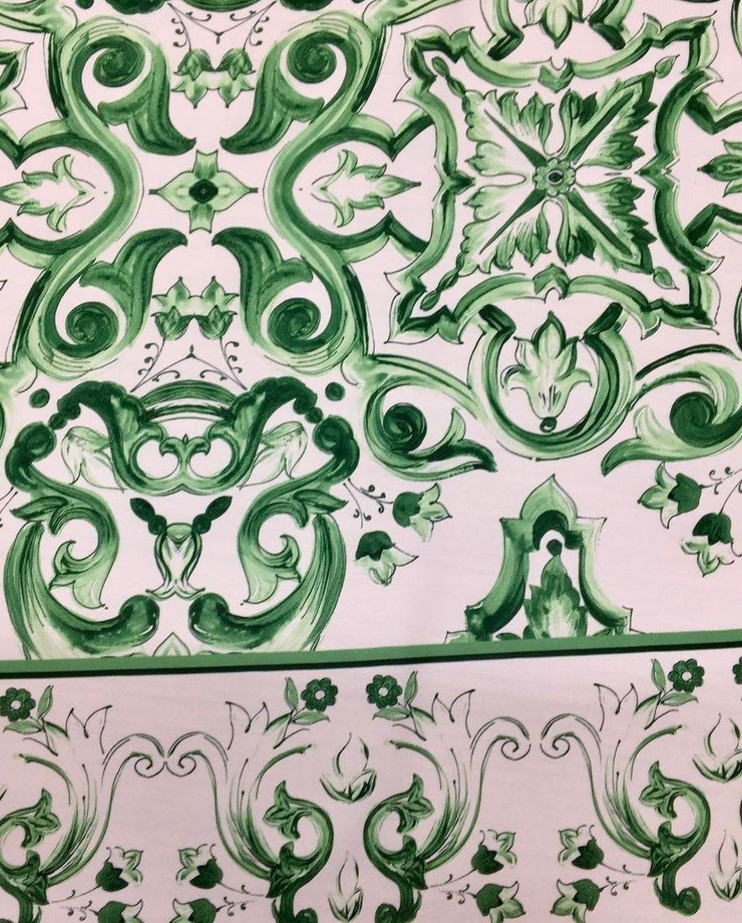 Majolica Pattern Fabric, Green White Swirl Fabric - Whotex Online Fabric Store