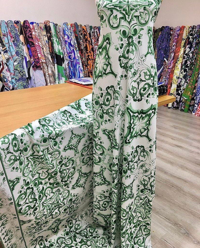 Majolica Pattern Fabric, Green White Swirl Fabric - Whotex Online Fabric Store