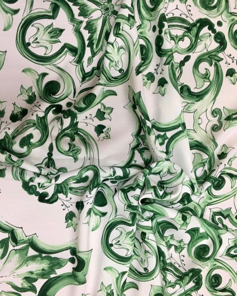 Majolica Pattern Fabric, Green White Swirl Fabric - Whotex Online Fabric Store