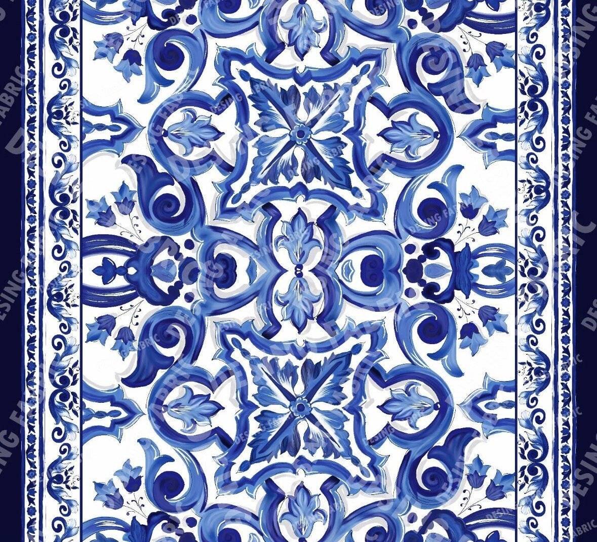 Blue and white baroque floral print fabric with intricate classical patterns and floral motifs, suitable for upholstery and drapery.