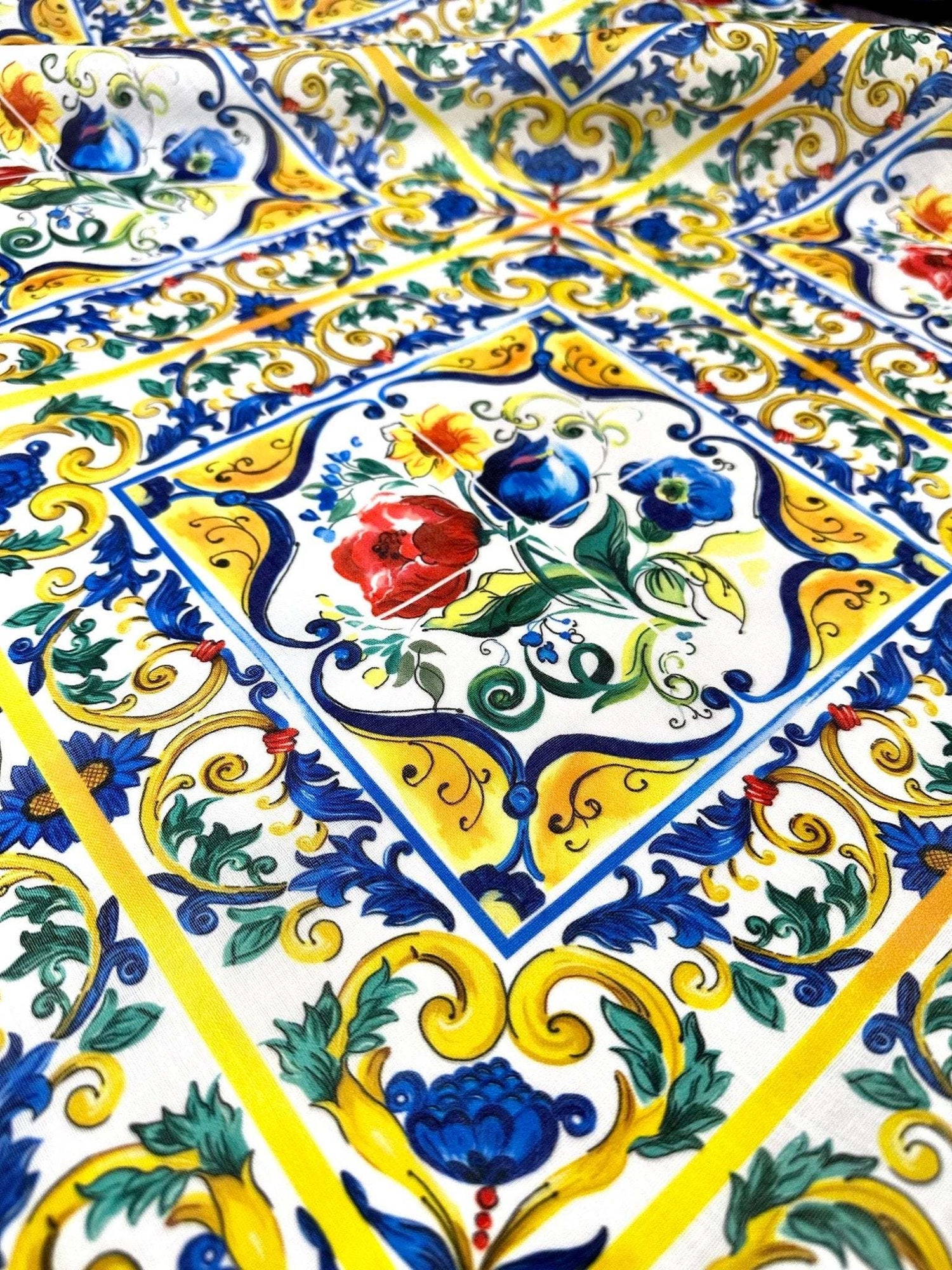 Blue and yellow floral majolica pattern fabric with intricate traditional tile-inspired design
