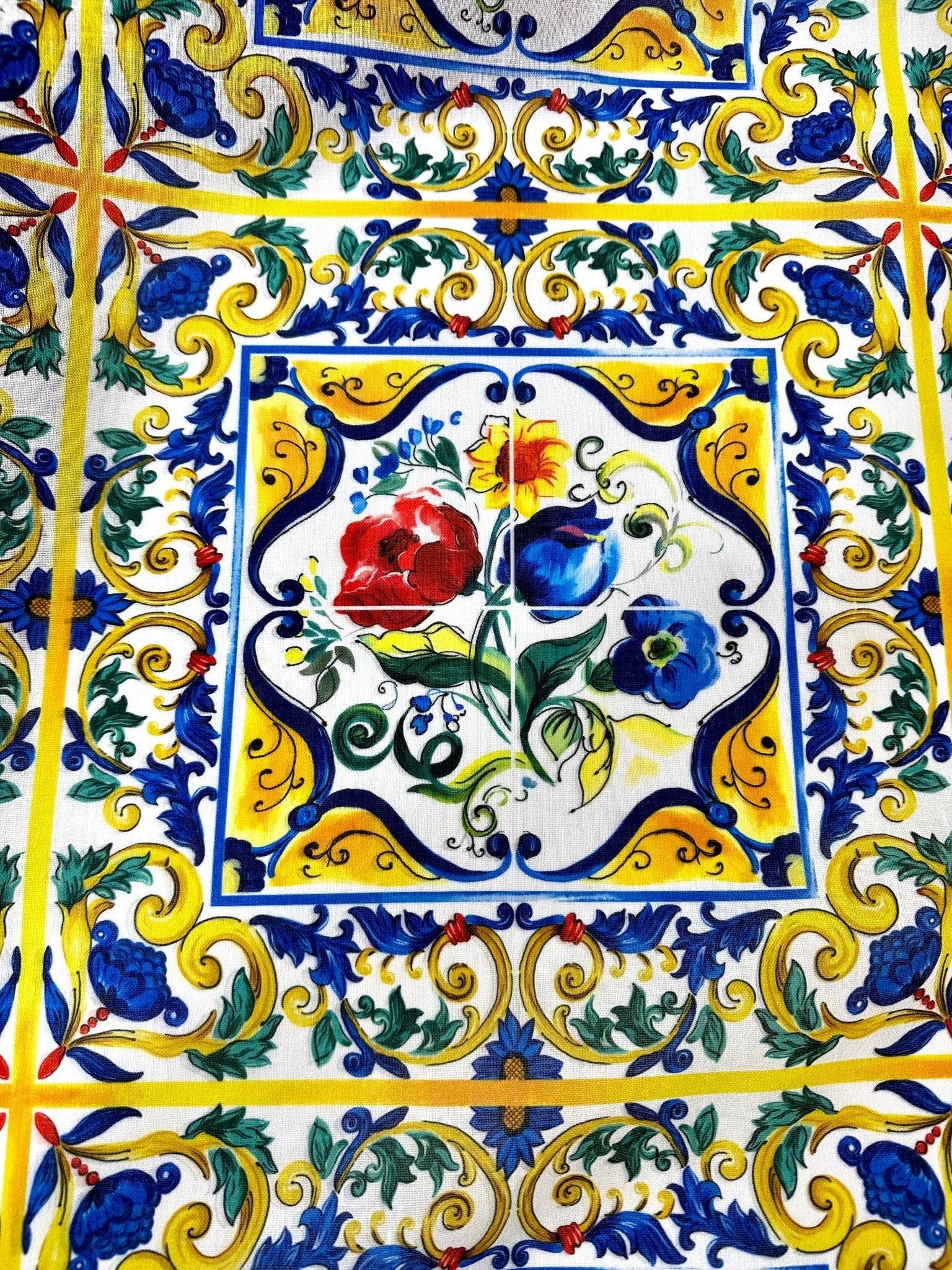 Majolica Pattern Linen Fabric, Blue and Yellow Fabric - Whotex Online Fabric Store