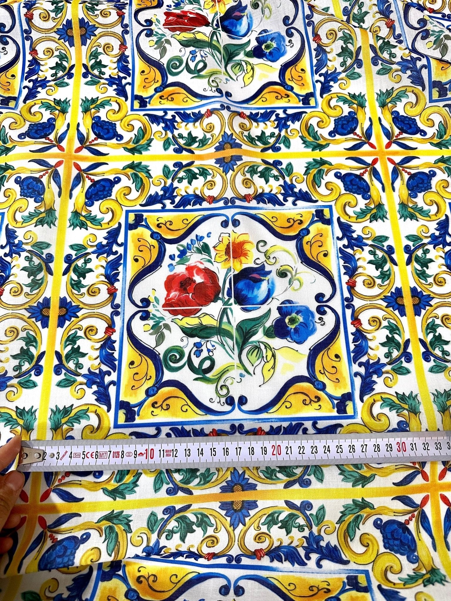 Majolica Pattern Linen Fabric, Blue and Yellow Fabric - Whotex Online Fabric Store