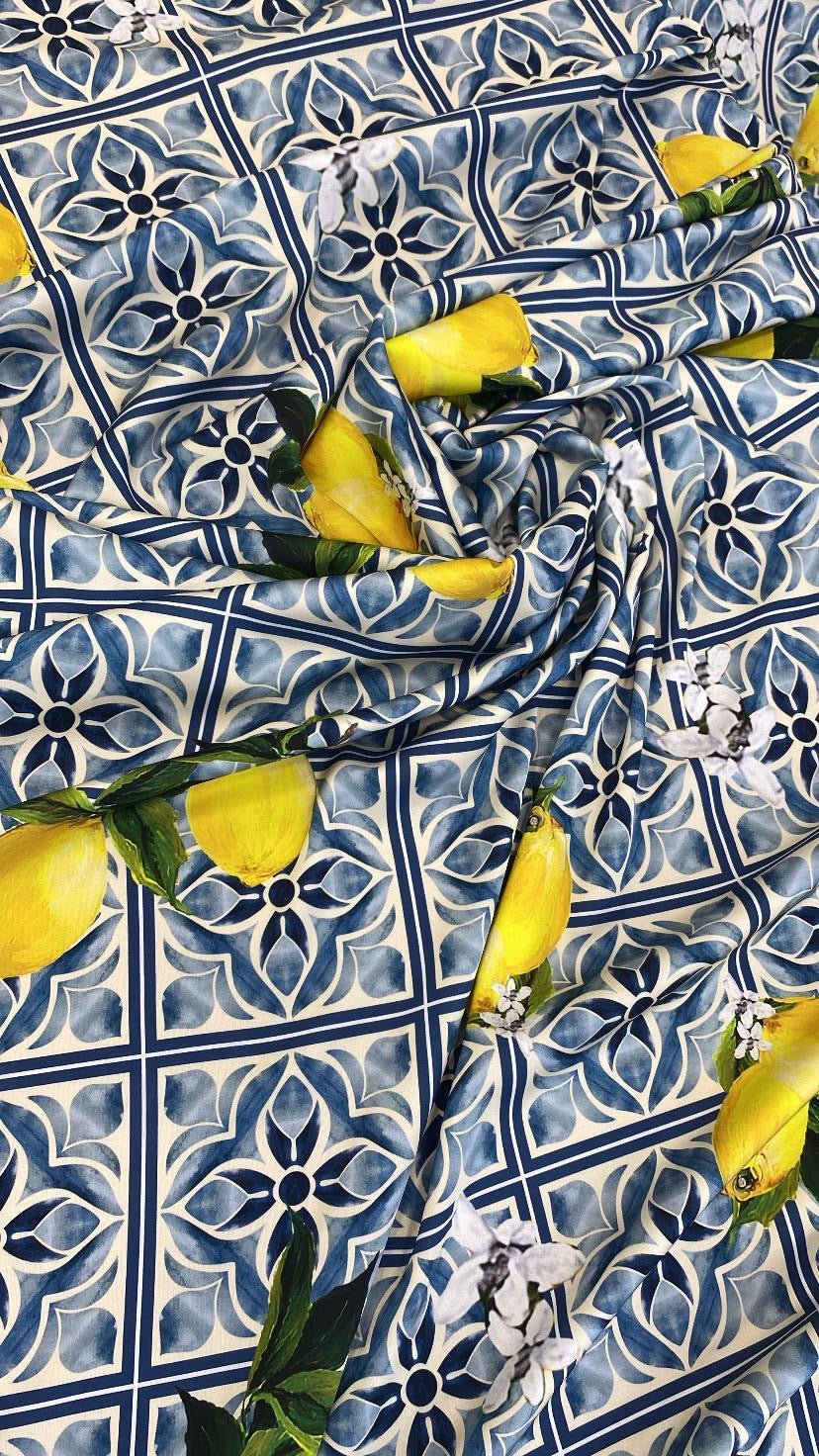 Mediterranean Lemon and Blue Tile Print Fabric - Whotex Online Fabric Store