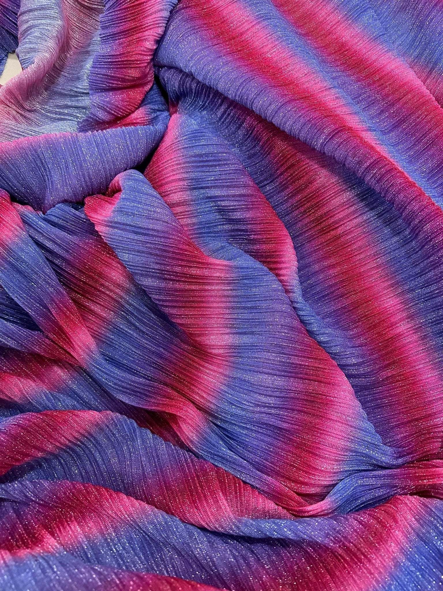 Pleated power mesh fabric with shiny threads in purple and pink gradient, lightweight and soft texture