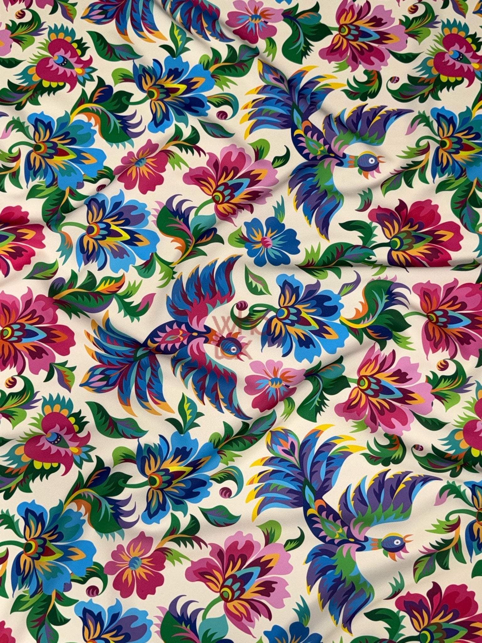 Colorful Otomi Bird Fabric with vibrant Mexican floral and bird patterns on cream background