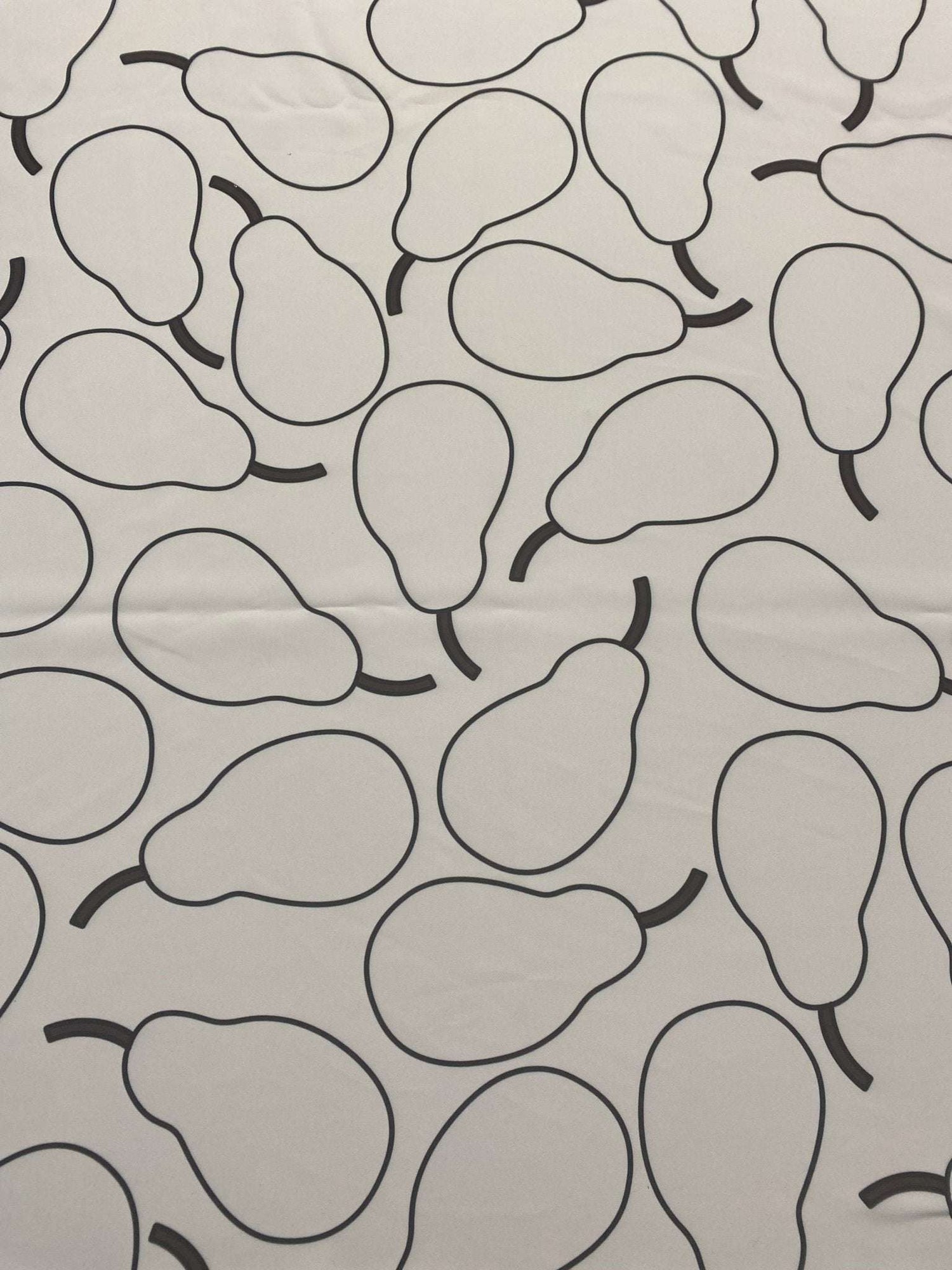 Minimalist pear print fabric with black pear outlines on a light background, 150cm wide, ideal for sewing and home decor projects