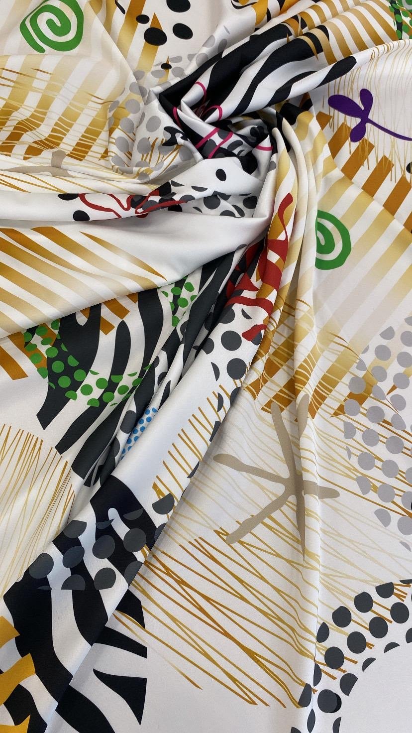 Multicolor Pattern Fabric – Modern Polka Dot, Stripe, and Swirl Design on White Base - Whotex Online Fabric Store