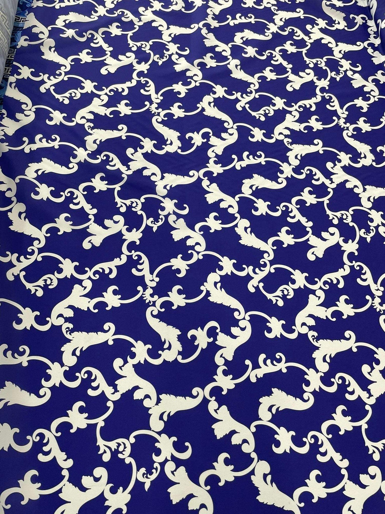 Baroque navy blue fabric with white intricate baroque pattern and 150cm width
