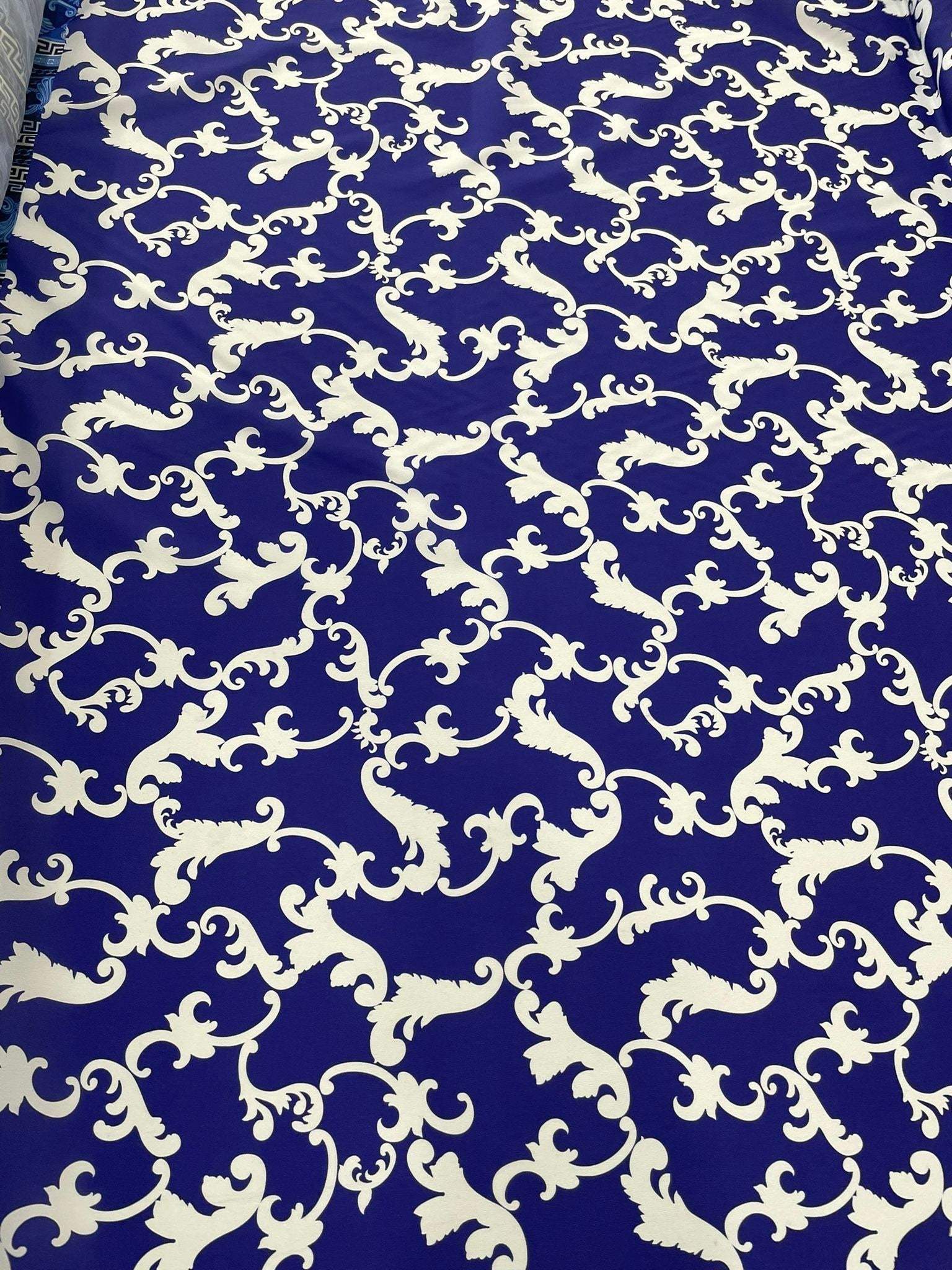 Baroque navy blue fabric with white intricate baroque pattern and 150cm width