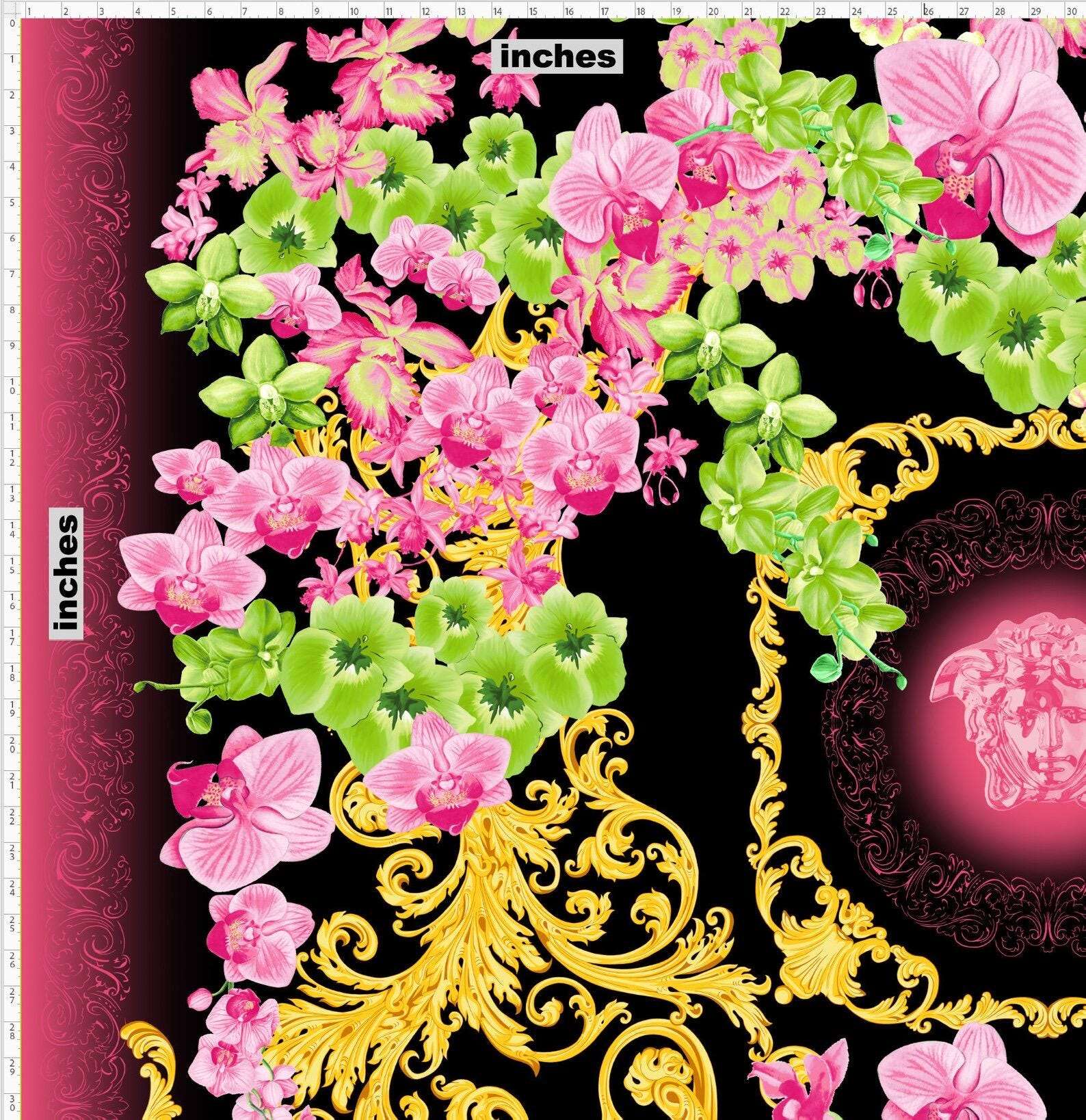 orchid floral swirl print fabric with pink and green flowers and golden decorative swirls on black background