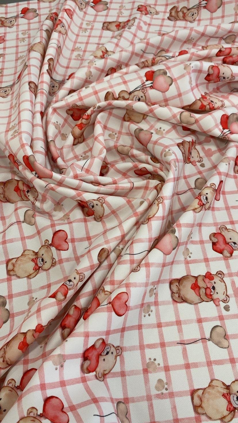 Pink Plaid Cute Teddy Bear and Heart Balloon Print Fabric - Whotex Online Fabric Store