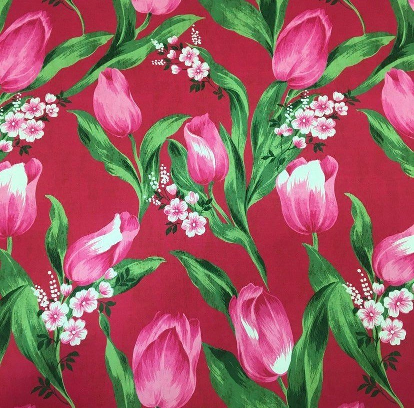 Pink Tulip Pattern, Red Fabric, Fabric By The Yard - Whotex Online Fabric Store