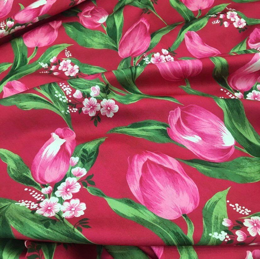 Pink Tulip Pattern, Red Fabric, Fabric By The Yard - Whotex Online Fabric Store