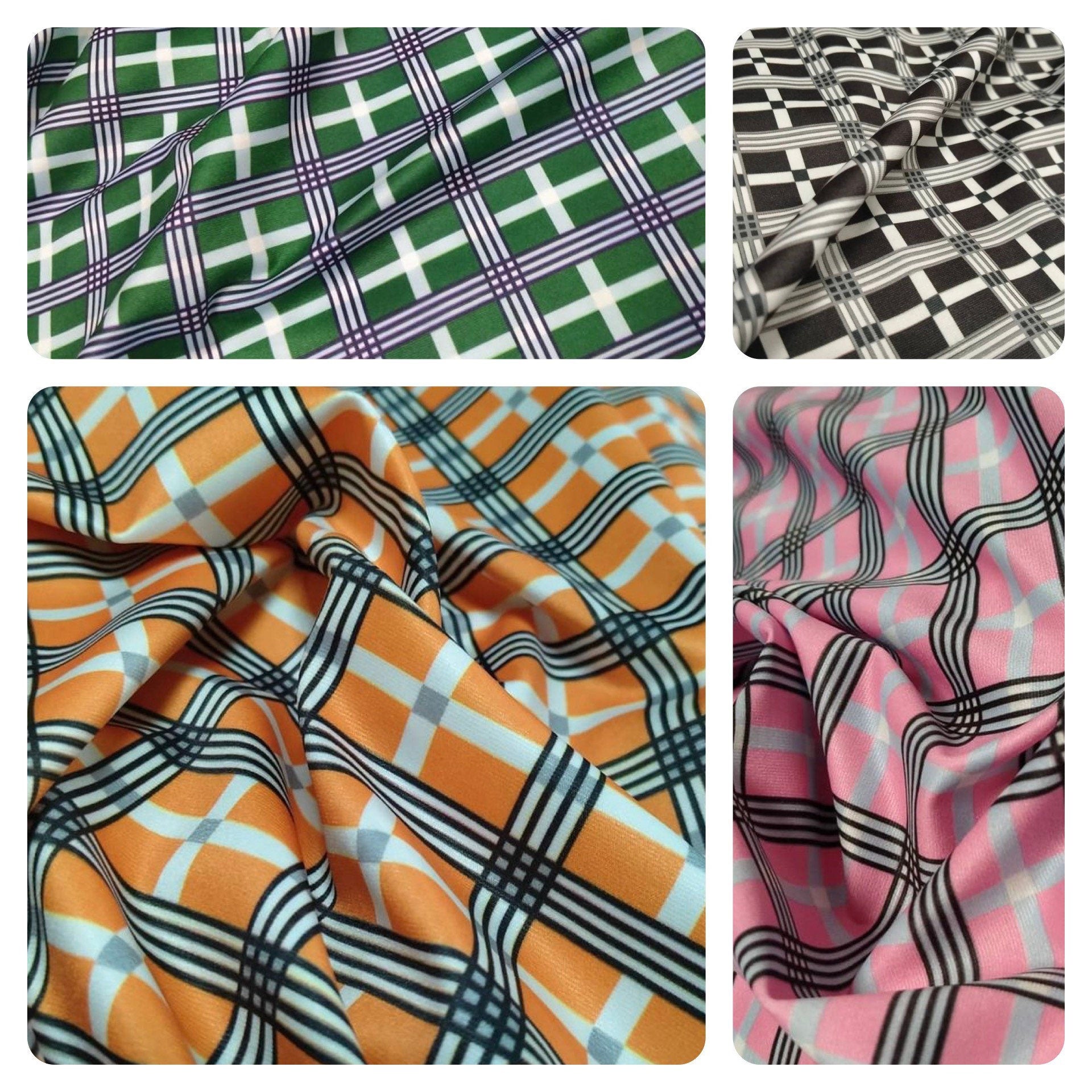 Plaid Pattern Fabric,4 - way stretch 58/60” Sold Fabric By The Yard/ black, white, green, orange - Whotex Online Fabric Store