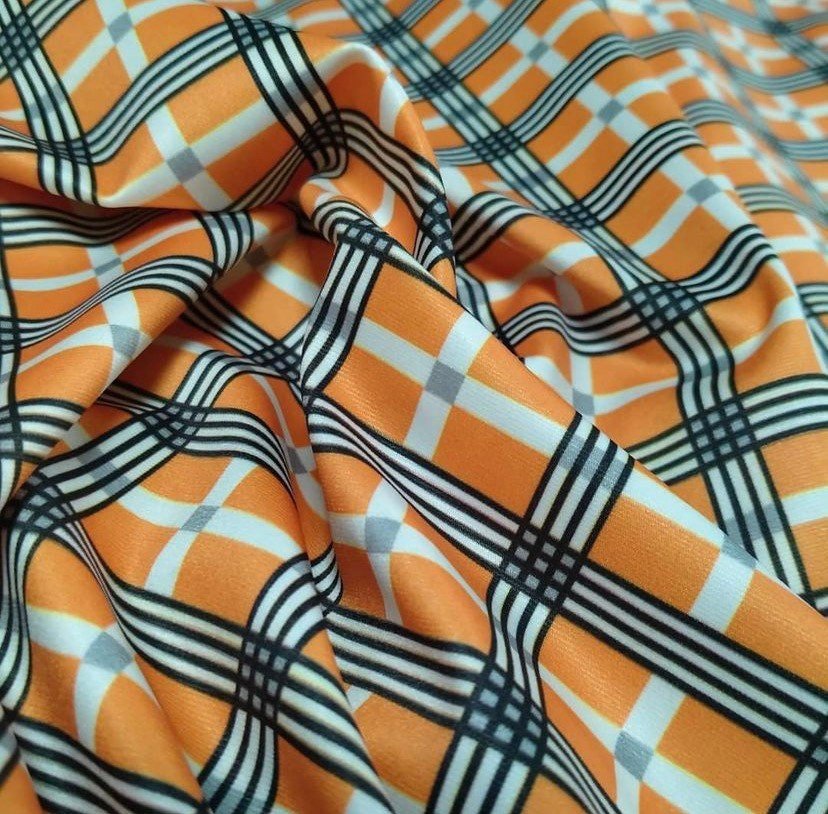 Plaid Pattern Fabric,4 - way stretch 58/60” Sold Fabric By The Yard/ black, white, green, orange - Whotex Online Fabric Store