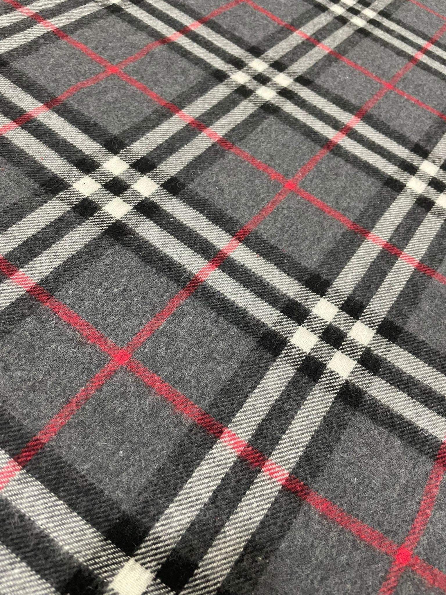 Gray base plaid woolen fabric with red and white checkered pattern for jackets and coats