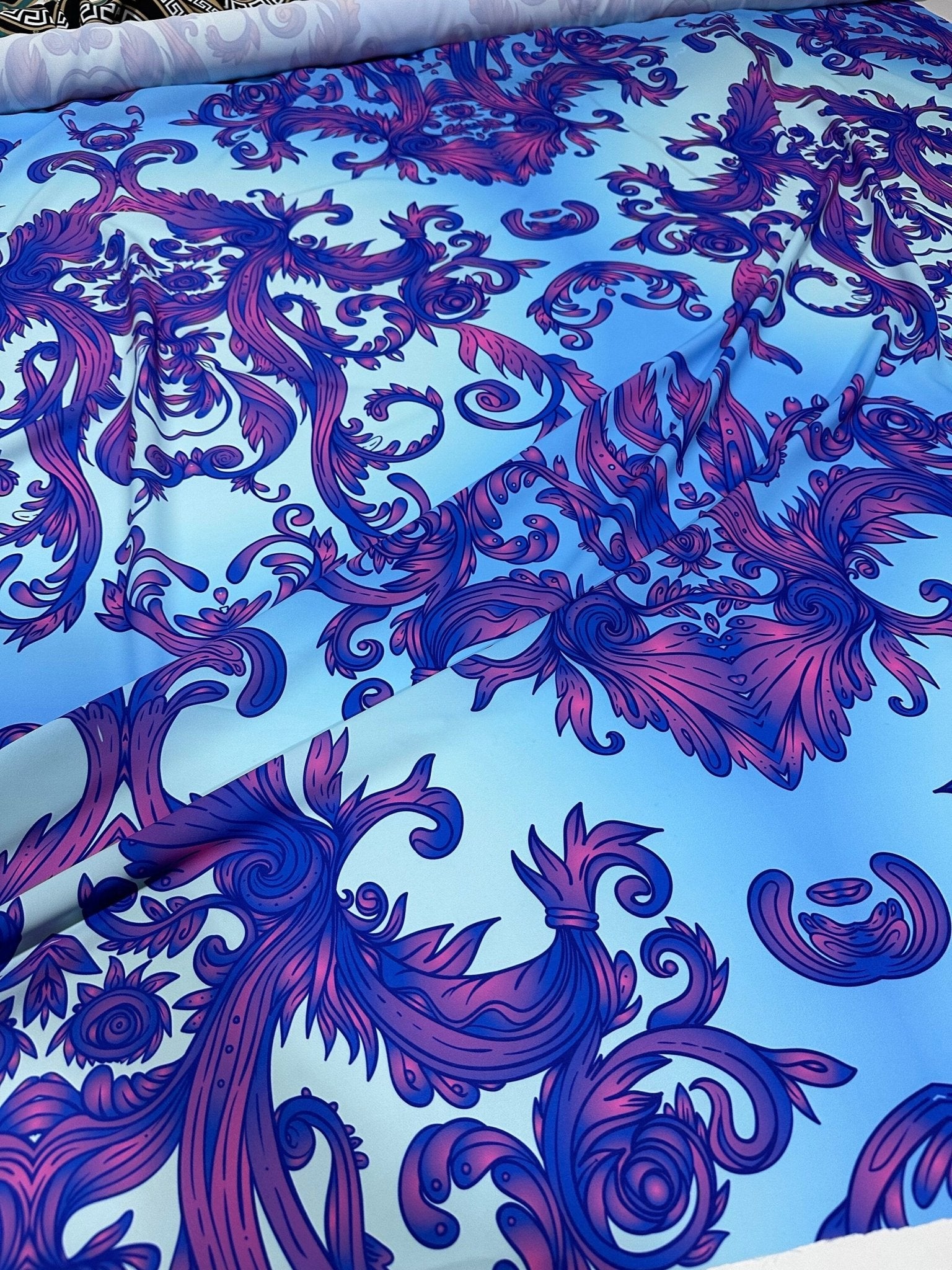 Purple Swirl Blue Fabric, Baroque Pattern Fabric - Whotex Online Fabric Store
