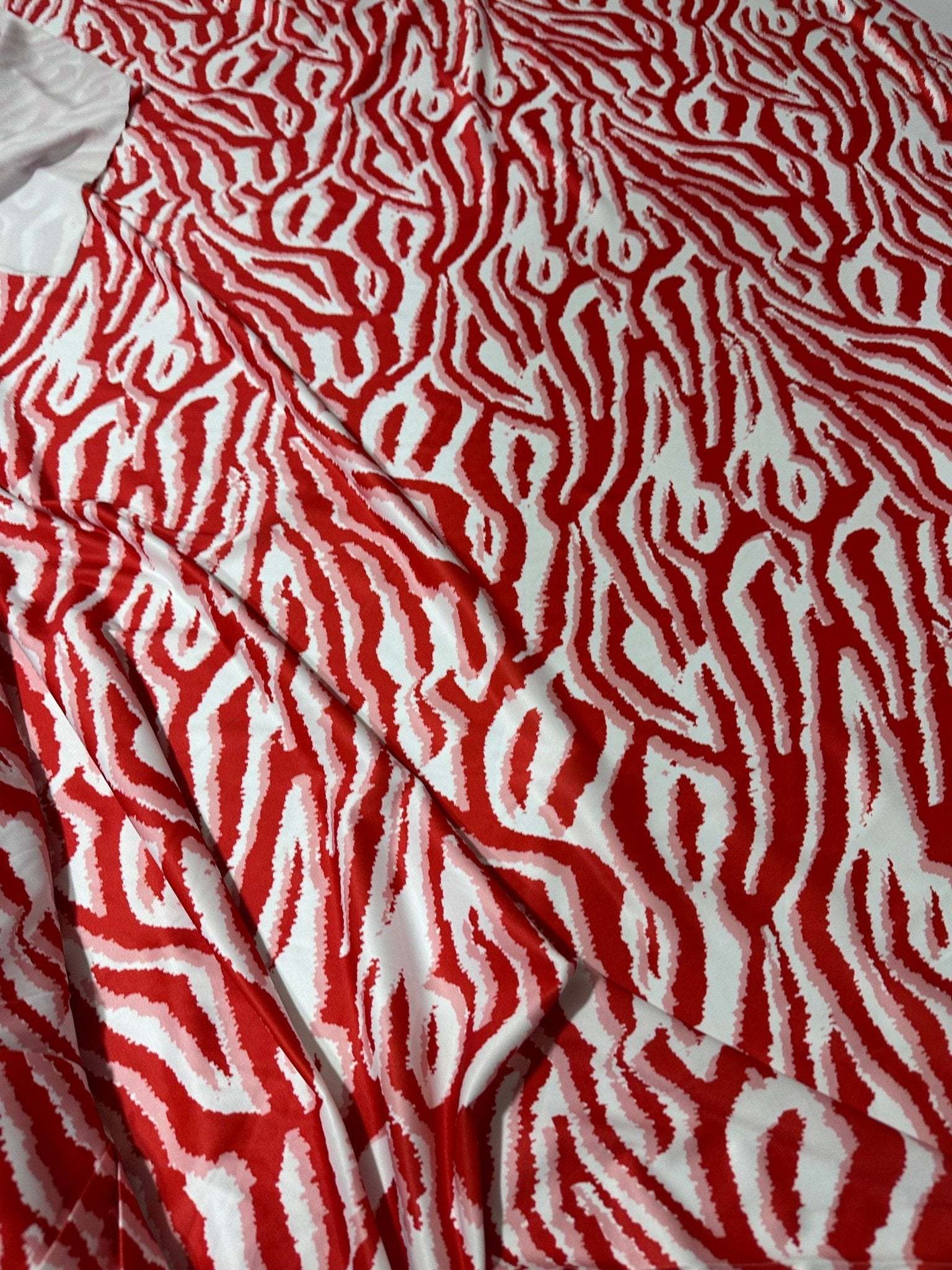 Red Tiger Pattern Fabric with bold red and white stripes, 150cm wide textile for sewing and home decor projects