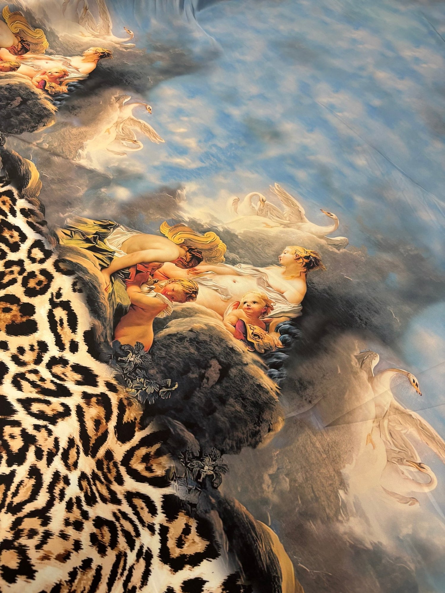 Renaissance Art & Leopard Print Chiffon Satin Fabric by the Metre - Whotex Online Fabric Store